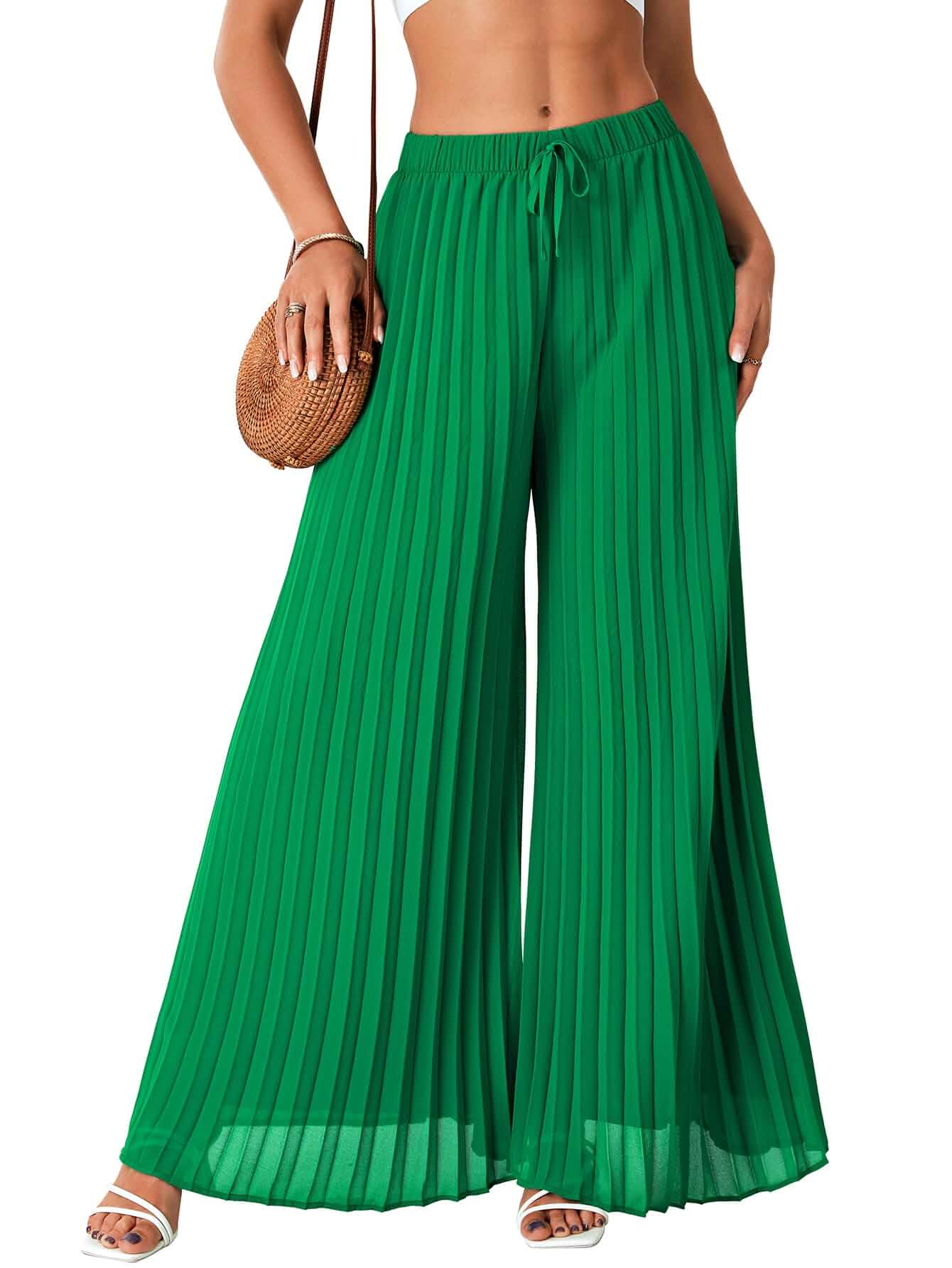 OPOIPIN Women's Chiffon Wide Leg Pleated Pants High Waist Flowy Loose Casual Long Trousers Regular