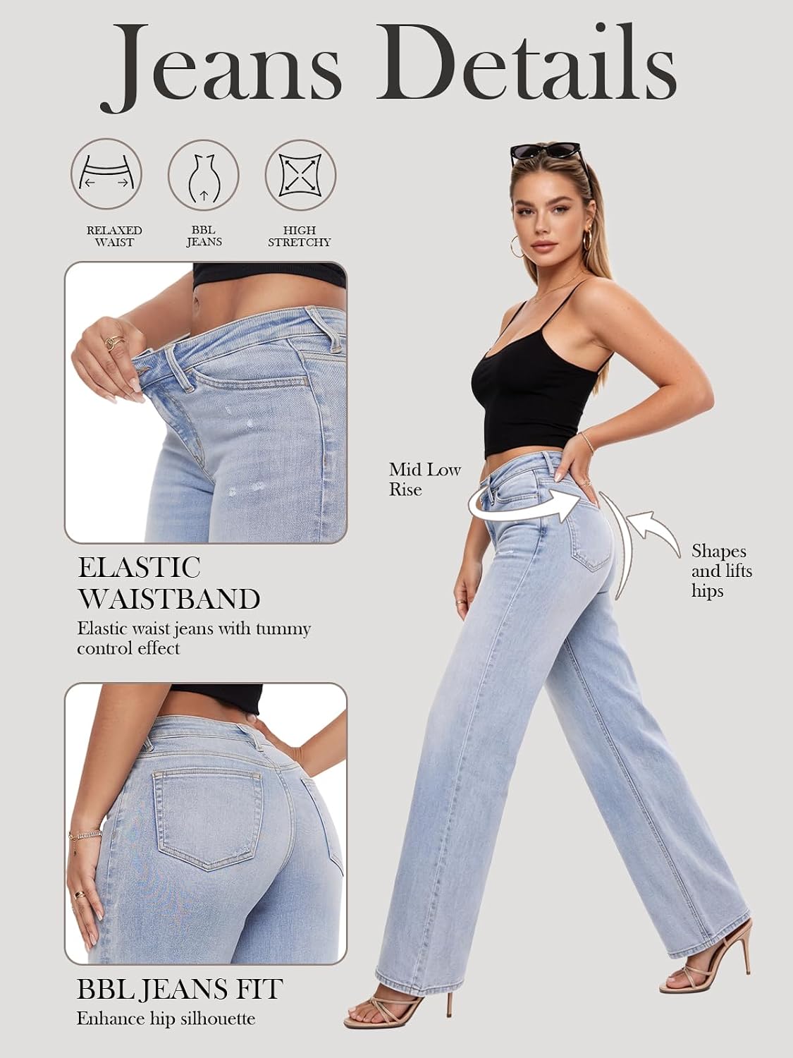 ONESO Wide Leg Jeans for Women Mid Low Rise Baggy Stretchy Denim Pants | Tummy Control, BBL Jeans Fit, Distressed Pants, Elastic Waist, Lady Basic Comfortable Denim, Relaxed Fit, For Daily Wear