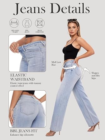 ONESO Wide Leg Jeans for Women Mid Low Rise Baggy Stretchy Denim Pants | Tummy Control, BBL Jeans Fit, Distressed Pants, Elastic Waist, Lady Basic Comfortable Denim, Relaxed Fit, For Daily Wear