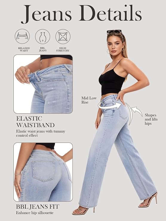 ONESO Wide Leg Jeans for Women Mid Low Rise Baggy Stretchy Denim Pants | Tummy Control, BBL Jeans Fit, Distressed Pants, Elastic Waist, Lady Basic Comfortable Denim, Relaxed Fit, For Daily Wear