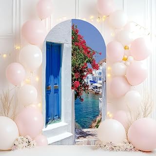 Wedding Arch Backdrop Cover 7.2FT Traditional Greek House Santorini Island Greece Spandex Fitted Arch Cover Round Top Stands Cover for Birthday Party Ceremony Banquet Decoration