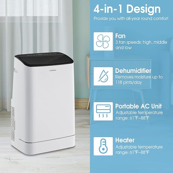 COSTWAY 15000 BTU Portable Air Conditioner, with Heat, Auto Swing 4-in-1 AC Unit for Rooms up to 800 Sq.Ft, with Built-in Dehumidifier, 24H Timer, Remote Control/APP Control & Window Kit(15000 BTU) | with Heat, Auto Swing, for Rooms up to 800 Sq.Ft, Built-in Dehumidifier, 24H Timer, Remote Control/APP Control & Window Kit