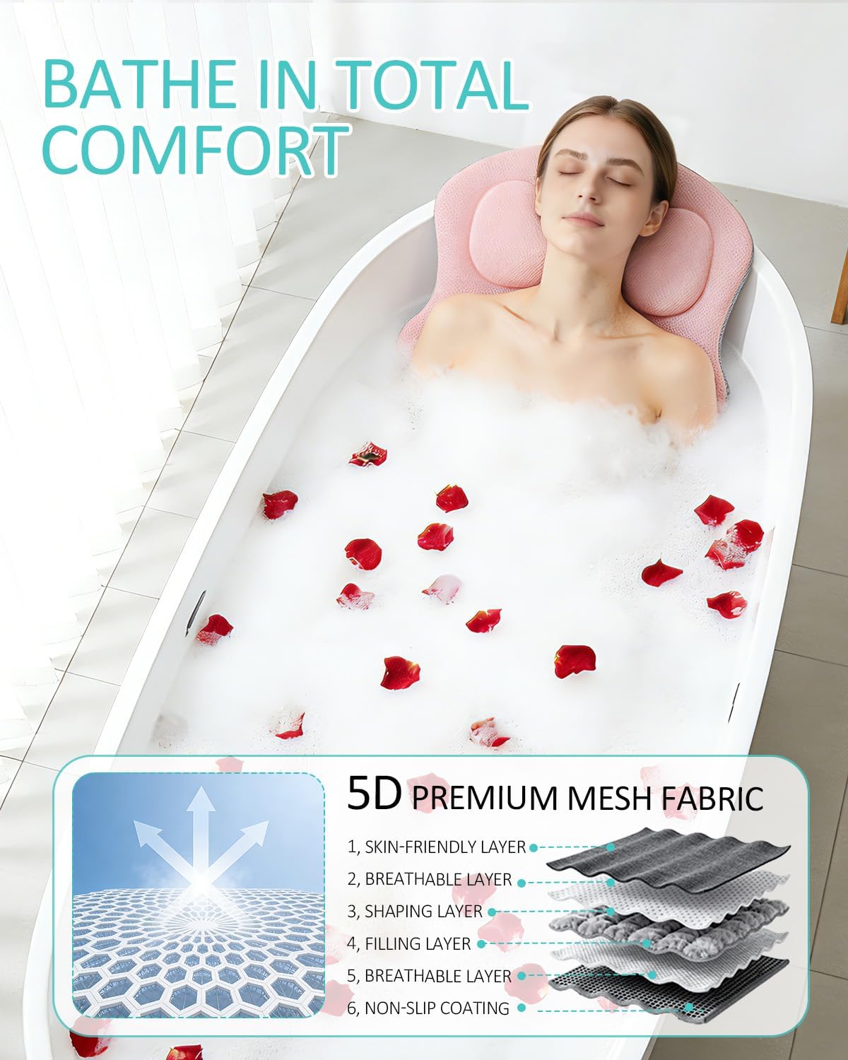 Full Body Bath Pillow for Bathtub, 5D Thick Tub Pillow for Bathtub with 192 Non-Slip Suction Cups, Laundry Bag & Hook, Bathtub Pillow for Head, Neck & Back Support (Pink, 51"*15")