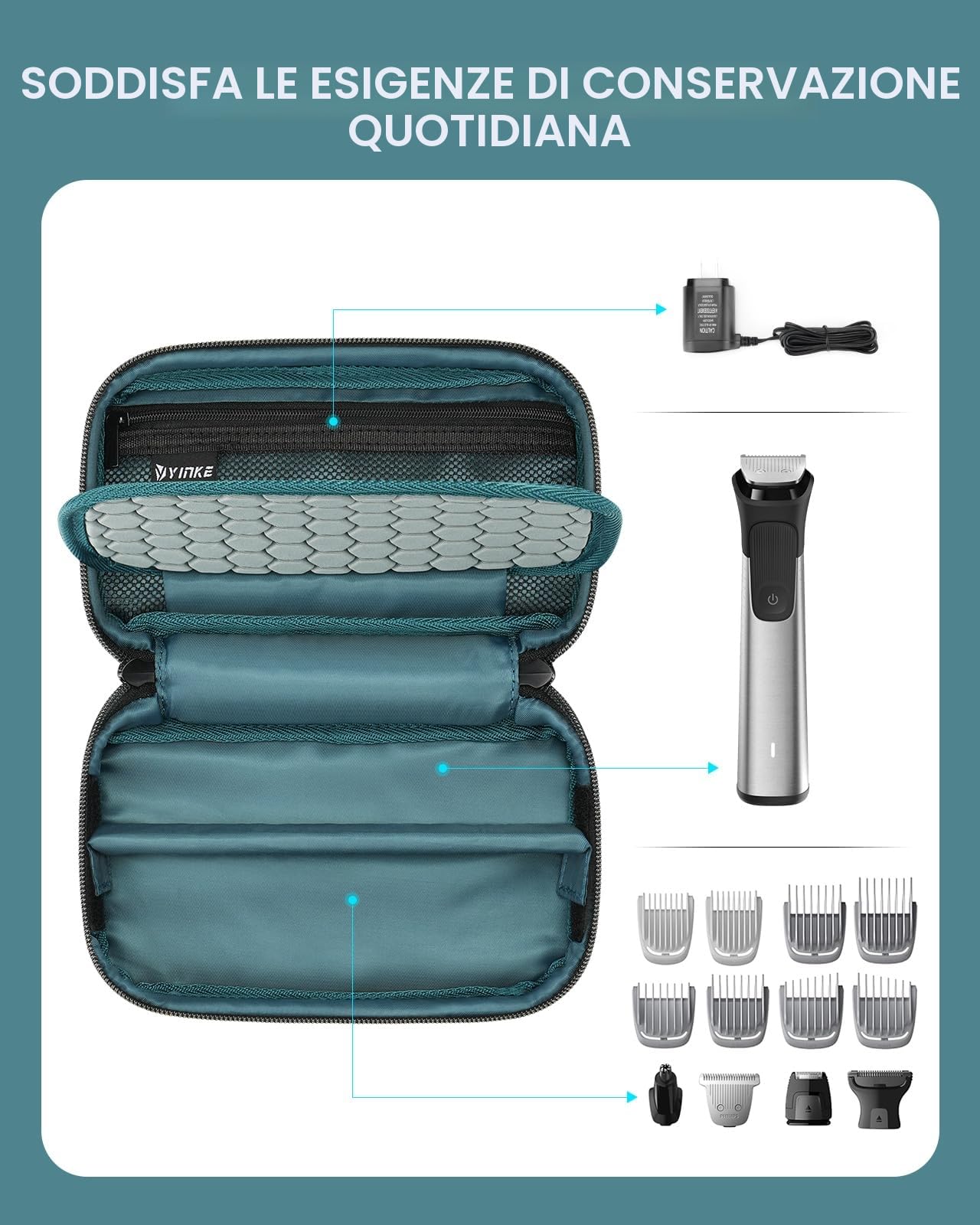 Yinke Custodia da viaggio per rasoio Multigroom serie 3000/5000/7000/9000, rasoio elettrico da uomo con regolabarba e accessori, borsa organizer da viaggio (nero)