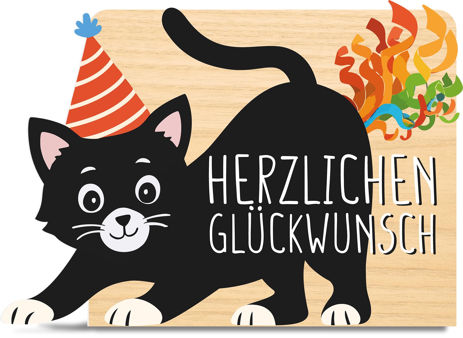 Geschenk für Katzenliebhaber Katze Luftschlangen Holzkarte - Geburtstagskarte - Lustige Geburtstagskarten für Frauen, Katze Geschenk, Geburtstagskarte Lustig, Witzige Geburtstagskarte