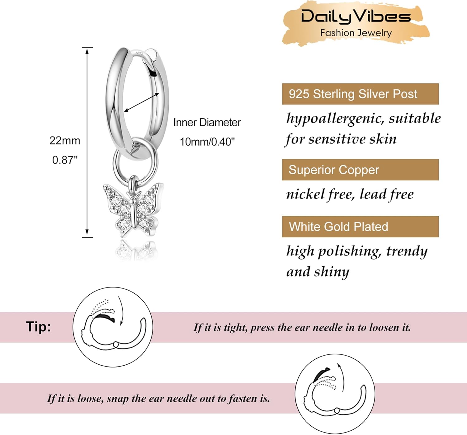 DAILY VIBES Cute Dangle Huggie Earrings for Women 925 Sterling Silver Post Dainty 14K Gold Plated Mini CZ Butterfly Star Cross Heart Charm Drop Cartilage Small Hoop Earrings - Image 5