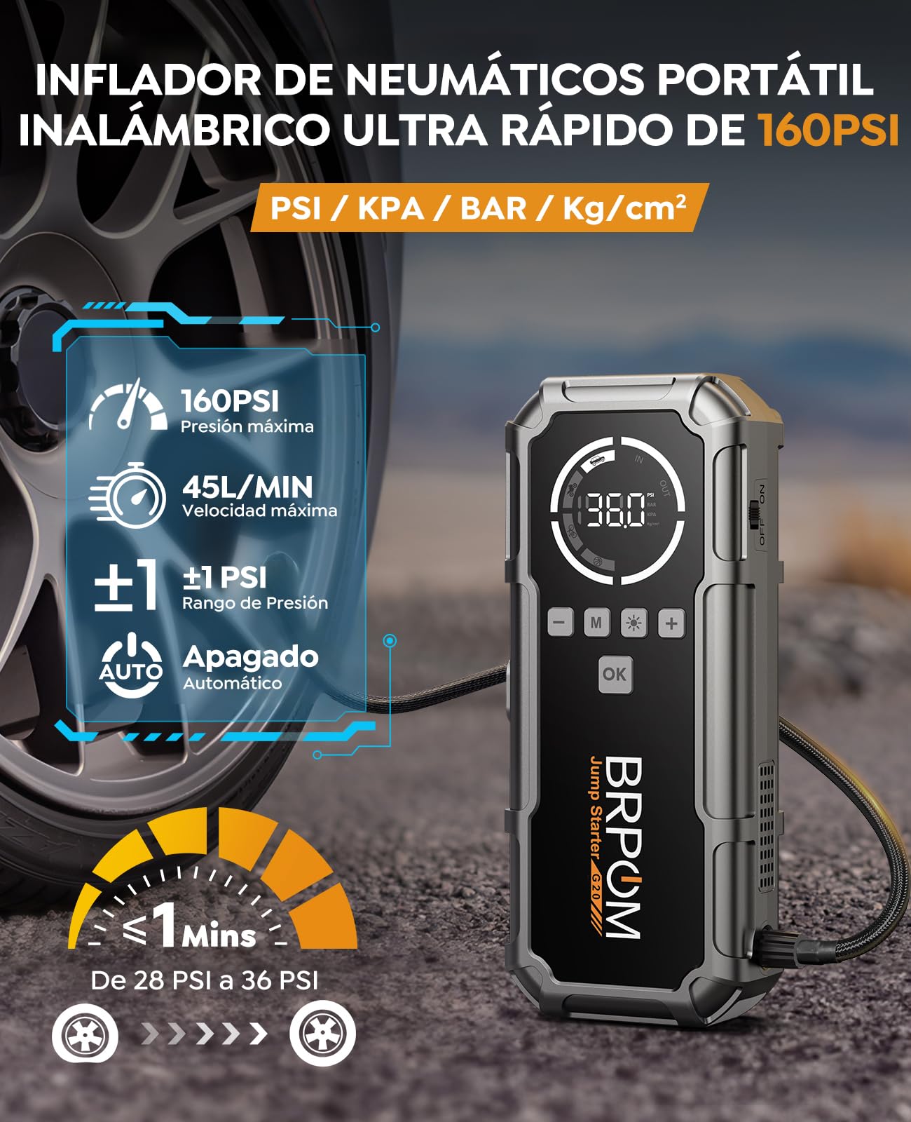 BRPOM Arrancador de Coches con Compresor de Aire, 80000A Arrancador de Batería de Coche, 160PSI Compresor Aire Portatil, Toda Gasolina o 12L Diésel, 26800mAh Banco de Energía, 600 Lumen LED