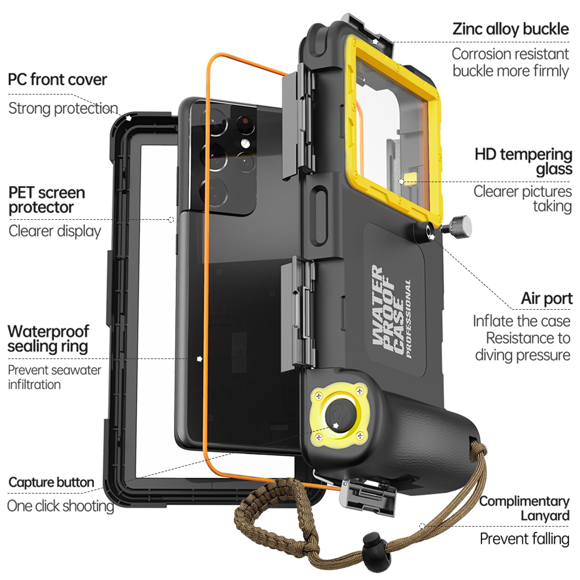 para iPhone 16e/15/14/13/12 Pro MAX Plus Buceo Funda, Universal IP68 15m Impermeable Bajo el Agua Carcasas para Celulares de 4,7''- 6,9'' para Exterior Natación Foto Video-Negro+Amarillo