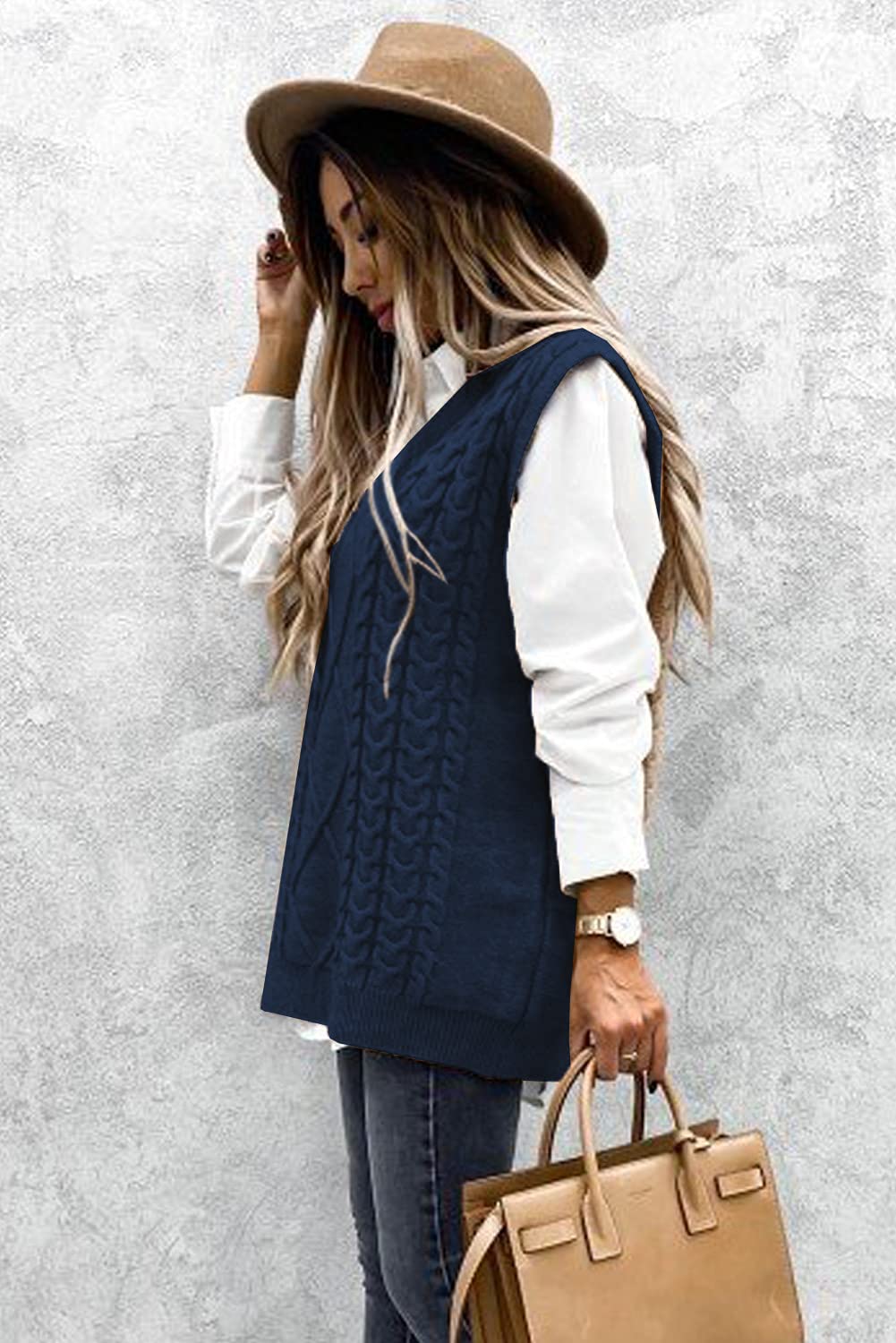 Meufam Sweter kamizelka damska, oversize, dekolt w serek, bez rękawów, swetry z dzianiny kablowej, luźny pulower