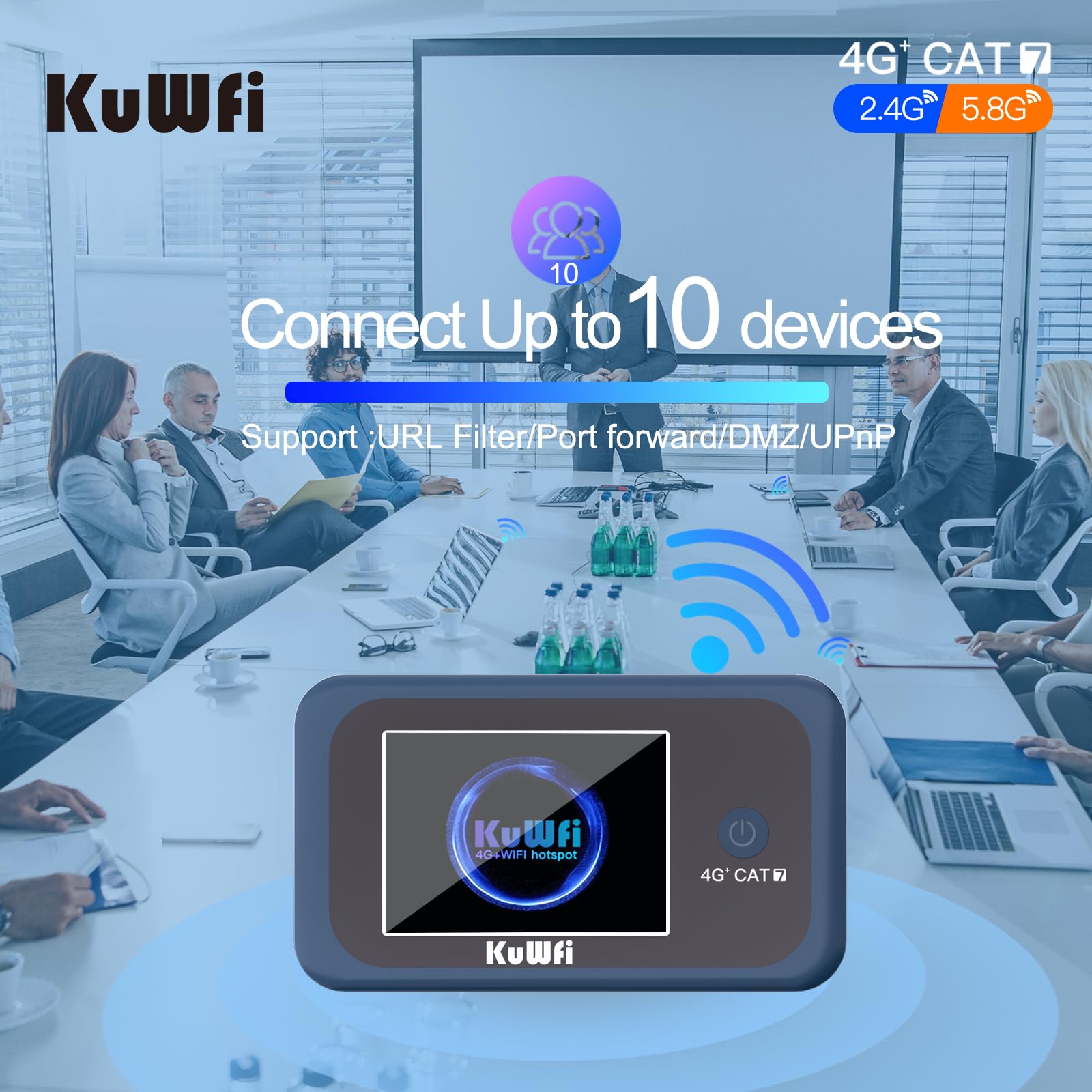 KuWFi Saponetta WiFi con SIM Card, Router WiFi Portatile 4G+ LTE Cat7 300Mbps Download, Hotspot Viaggio per Campeggio e Auto, Batteria 3000mAh per 10 Dispositivi