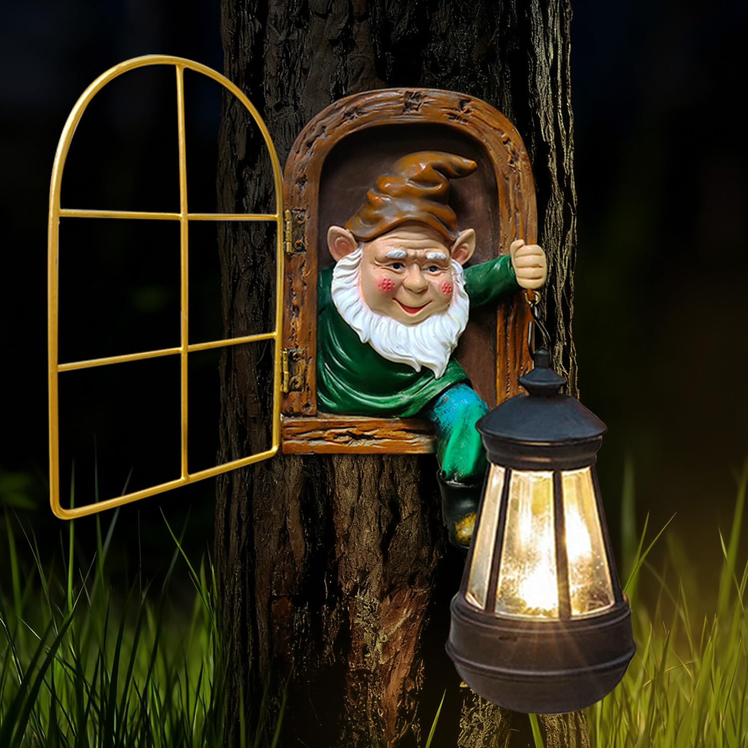 Solar Garden Gnomes Outdoor Statues - Garden Ornaments Outdoor Gnome Elf Out The Door Figurines with Lantern, Tree Hugger Gnomes Tree Face Decor for Fence Wall Yard Home Birthday Gifts for Mum, Women