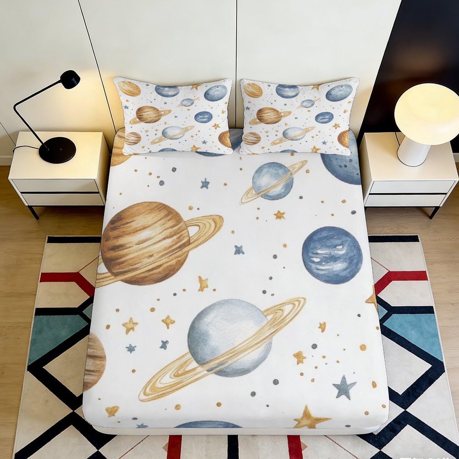 3D Printed Planet Pattern Fitted Sheet Microfiber Cozy Soft 3D Printed Solar System Mattress Cover for Bedroom Dormitory Guest Room Protection 160x200x25cm