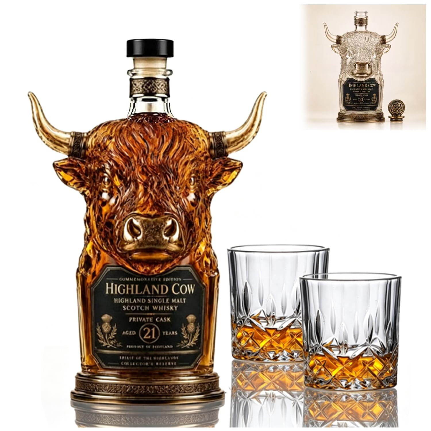 Highland Cow Private Cask 21 Years Cow Head Shaped Scotch Whisky Bottle(#A)