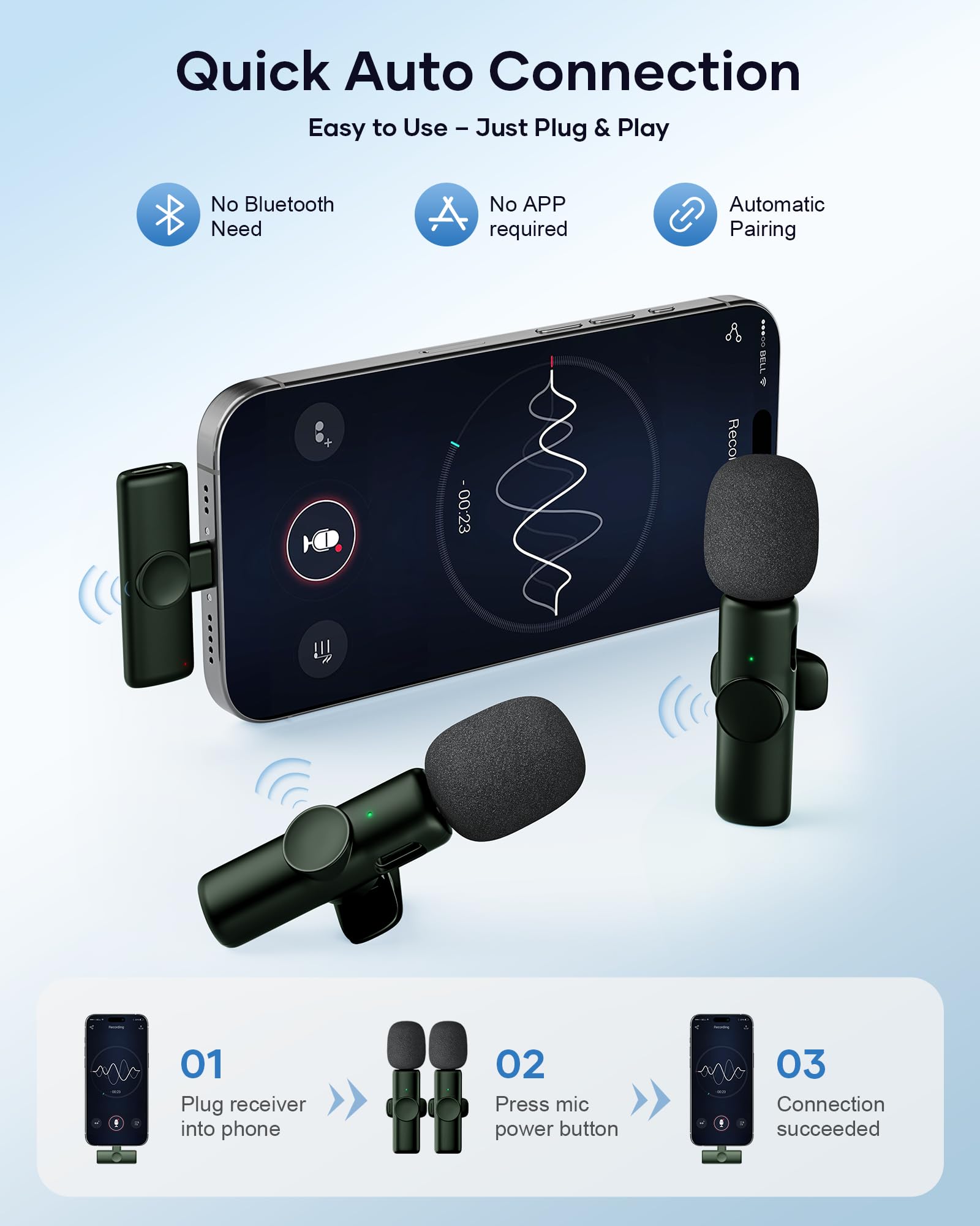 CZOCPOS Micro Cravate sans Fil pour lPhone, lPad et Android, Lot de 7 Mini Microphone sans Fil avec Réduction de Bruit, Plug & Play, Idéal pour Vidéo, Interview, Podcast, Youtube，Obsidienne Noir
