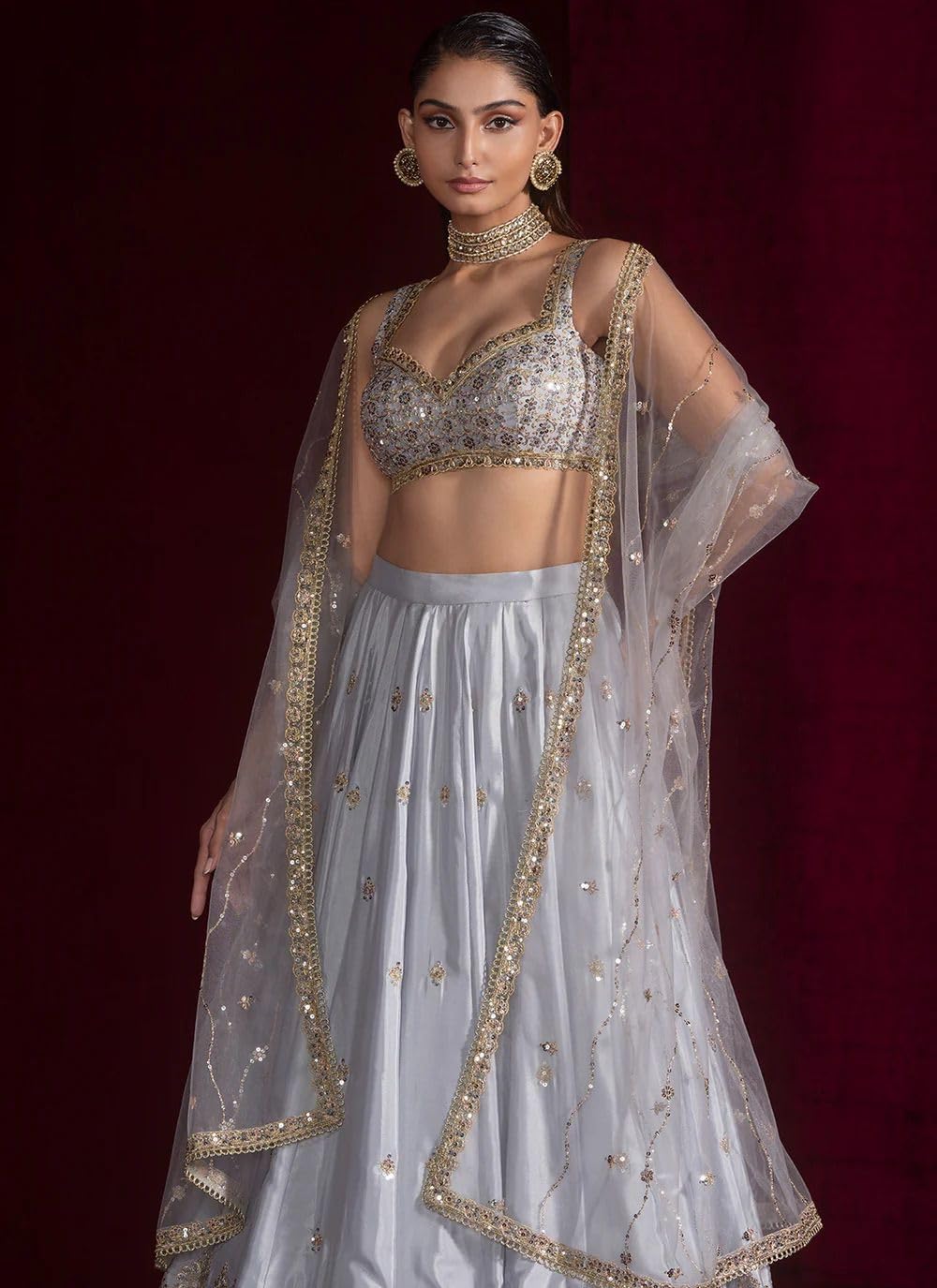 Luxury Satin Silk Lehenga Choli Set with Heavy Sequins, Dori & Zari Work | 3.5 Meter Flair Bridal Lehenga with Net Dupatta