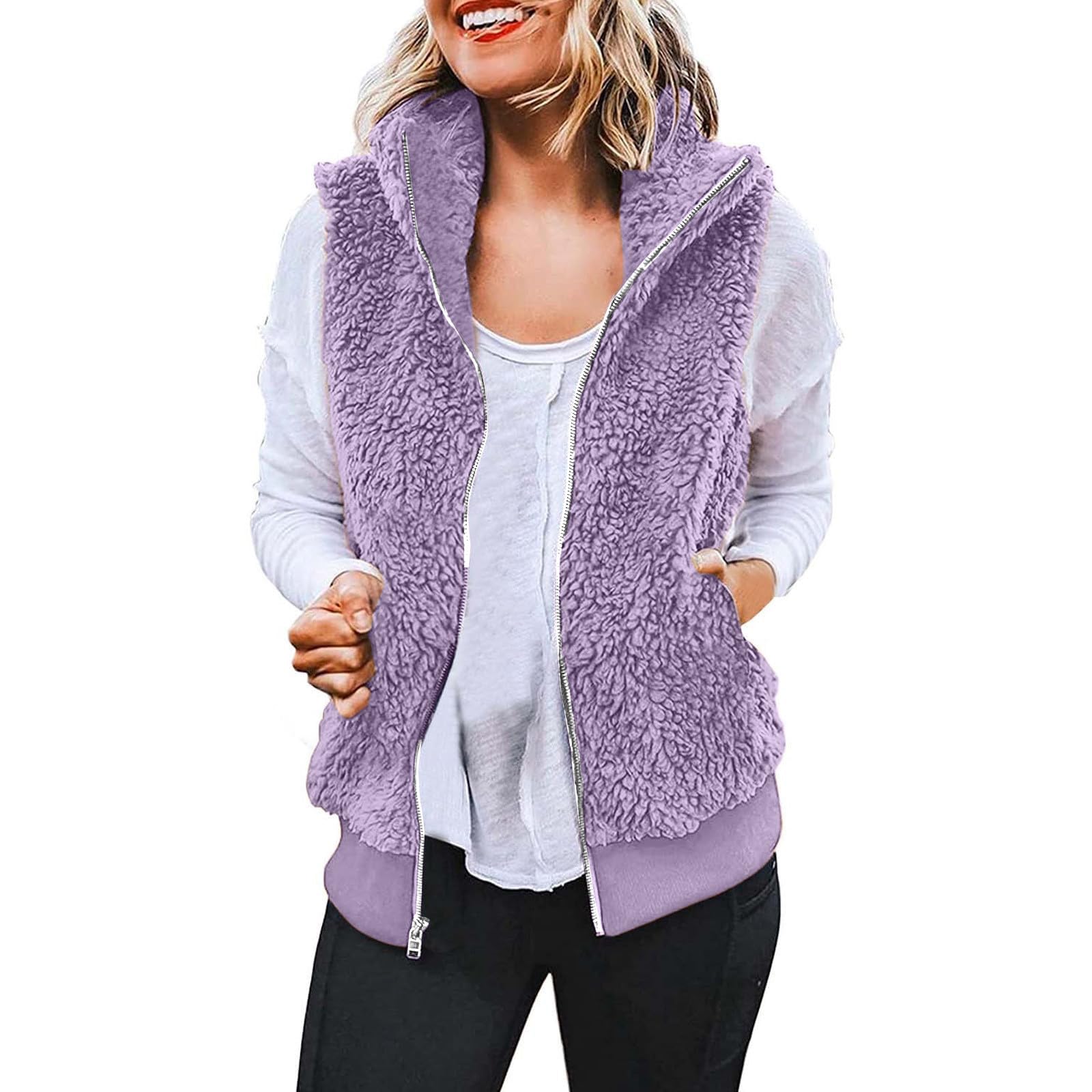 Waistcoat Vest for Women 2024 Sherpa Fuzzy Fleece Jackets Lightweight Sleeveless Zipper Cardigans Coat with Pockets