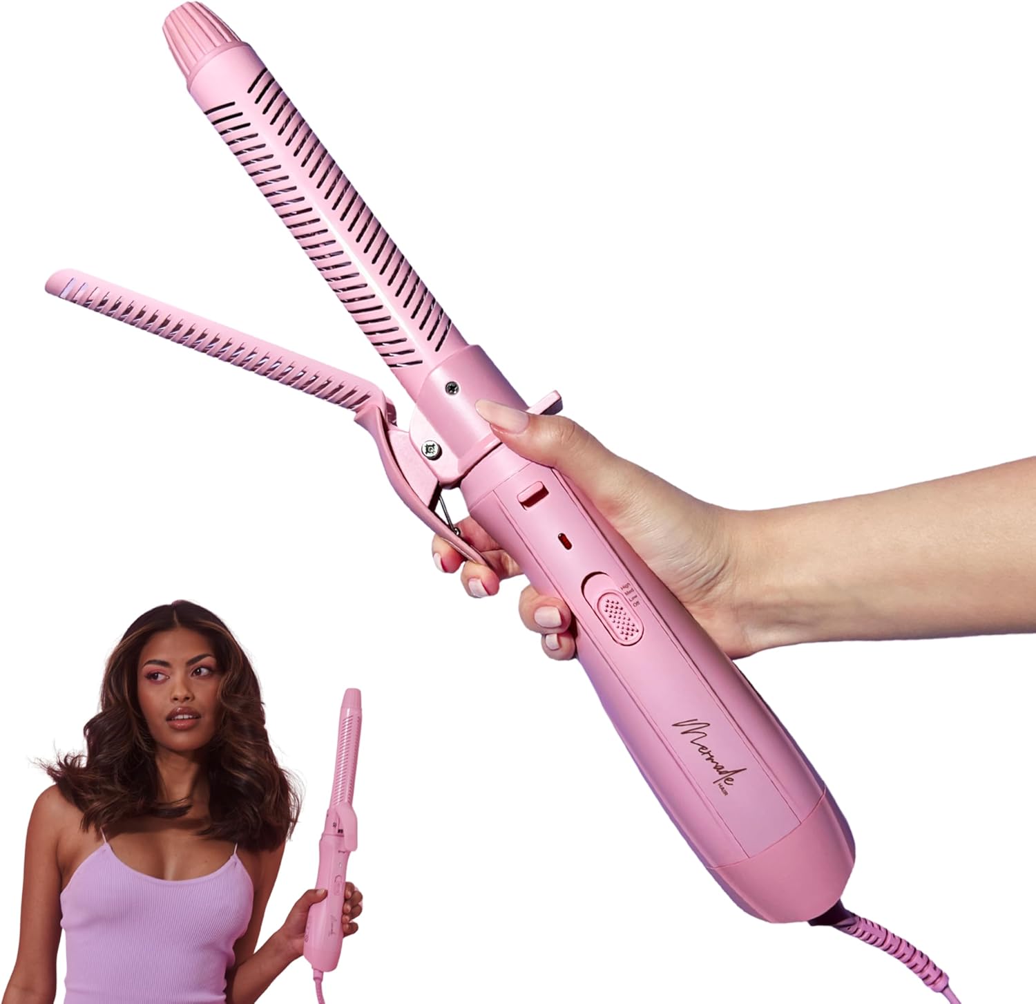 Mermade Hair Aircurl Curling Iron - 1.25 Inch Ceramic Barrel with Clamp, Hair Curler for Long, Medium, & Short Hair, Ionic Technology, Lower Heat Temperatures for Healthier Hair Styling - 1.25", Pink
