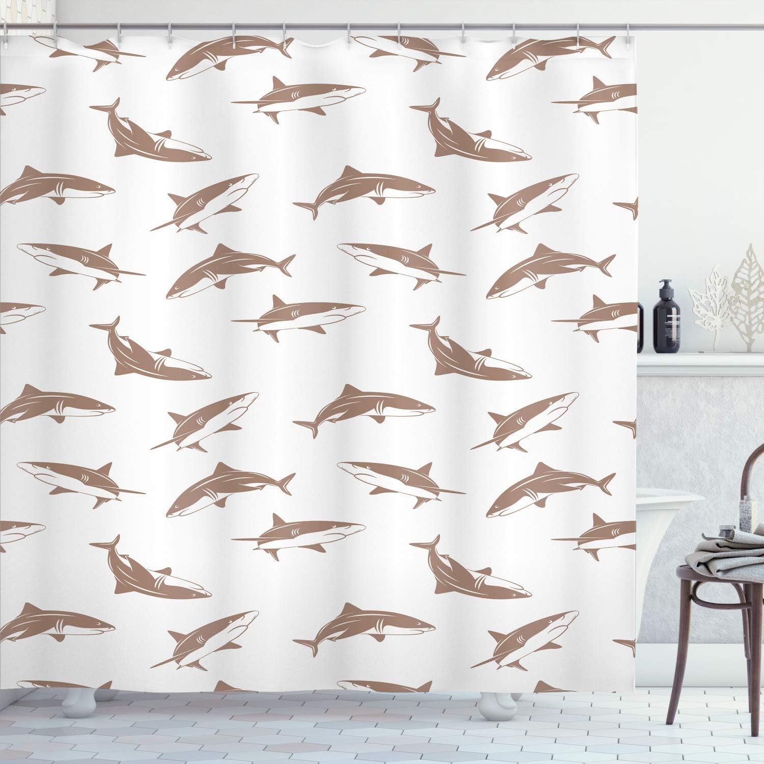 Ambesonne Sea Animals Shower Curtain, Repeated Cartoon Sharks Swimming to Different Directions Pattern, Cloth Fabric Bathroom Decor Set with Hooks, 70" Long, Pale Chocolate