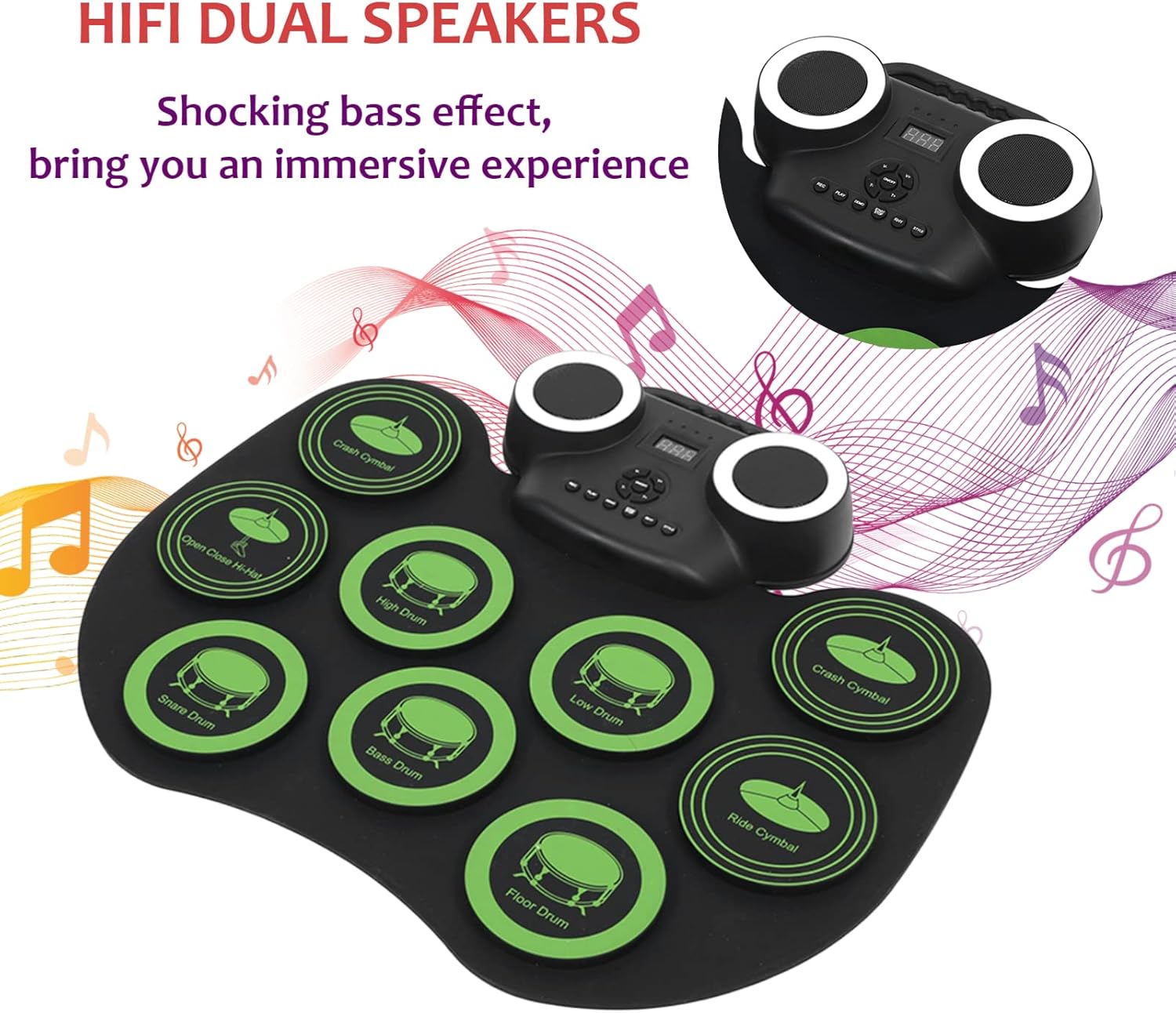 Electronic Drum Kit, Portable USB Electric Drum Set with Double Speaker, Built in Bluetooth Connection, with Three color Lighting Effect
