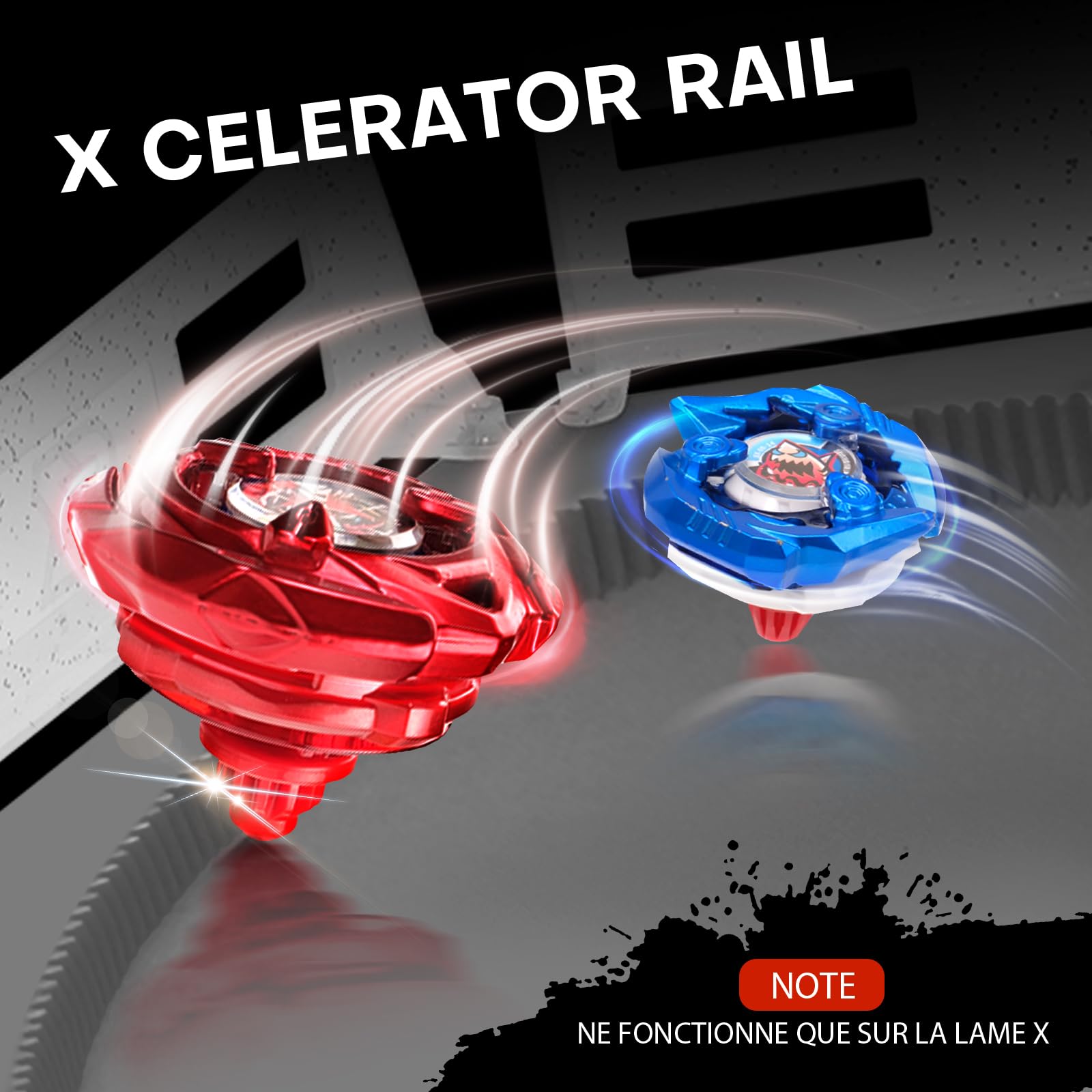 DEZAWRTY Toupie X Stadium Arena Set Equipé de X Acceleration Rail - 4 toupies et 2 lanceurs, 1 Battle Arène de Combat pour Les Enfants à partir de 6 Ans, Cadeau de Jeu pour Les garçons