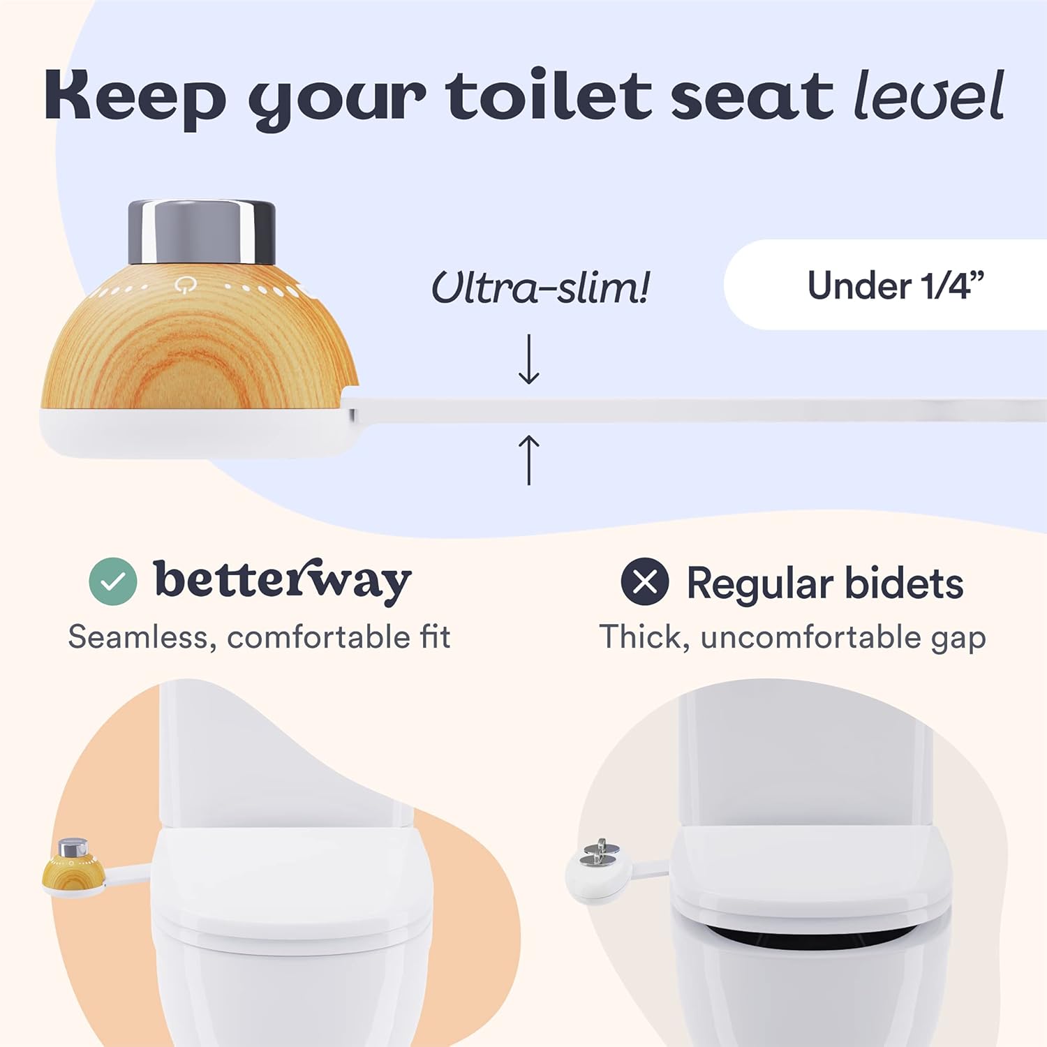 Betterway Bidet Toilet Seat Attachment - Non Electric Self Cleaning Fresh Water Sprayer & Pressure Control for Max Comfort - Ultra Slim - Digital Install Guide, All Parts & Bumpers Included (Bamboo) - - 