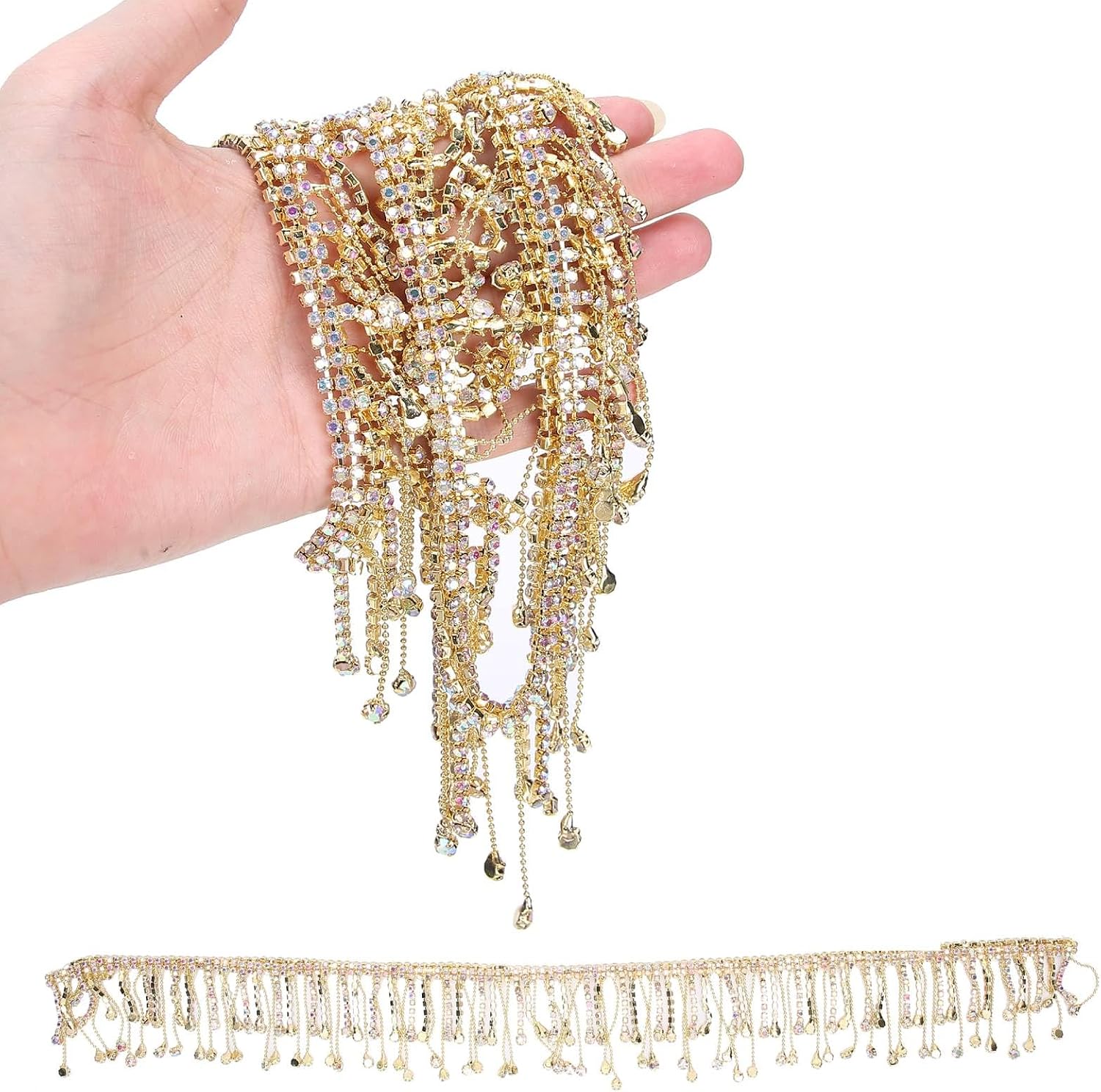 Gold Rhinestone Trim, 36in Rhinestone Fringe Trim Chain Cuttable Rhinestones Tassel Chain Sewing Tassel Rhinestones Chains for Decoration Bridal Costume Embellishment Clothing Accessories