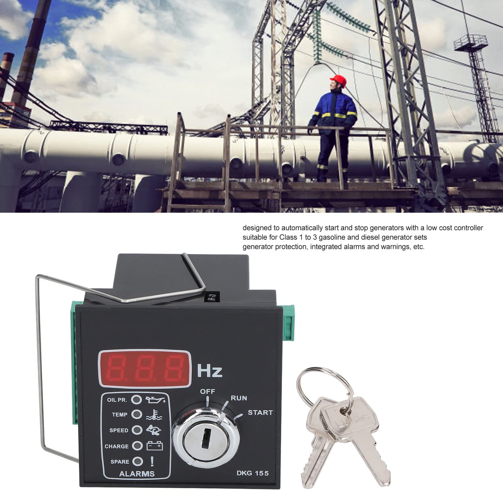 Automatyczny moduł sterujący generatorem, do benzyny i generatorów, ze zintegrowanymi alarmami, 9-33 V DC 15-300 V AC 50-60 Hz, montaż na panelu przednim do urządzeń morskich