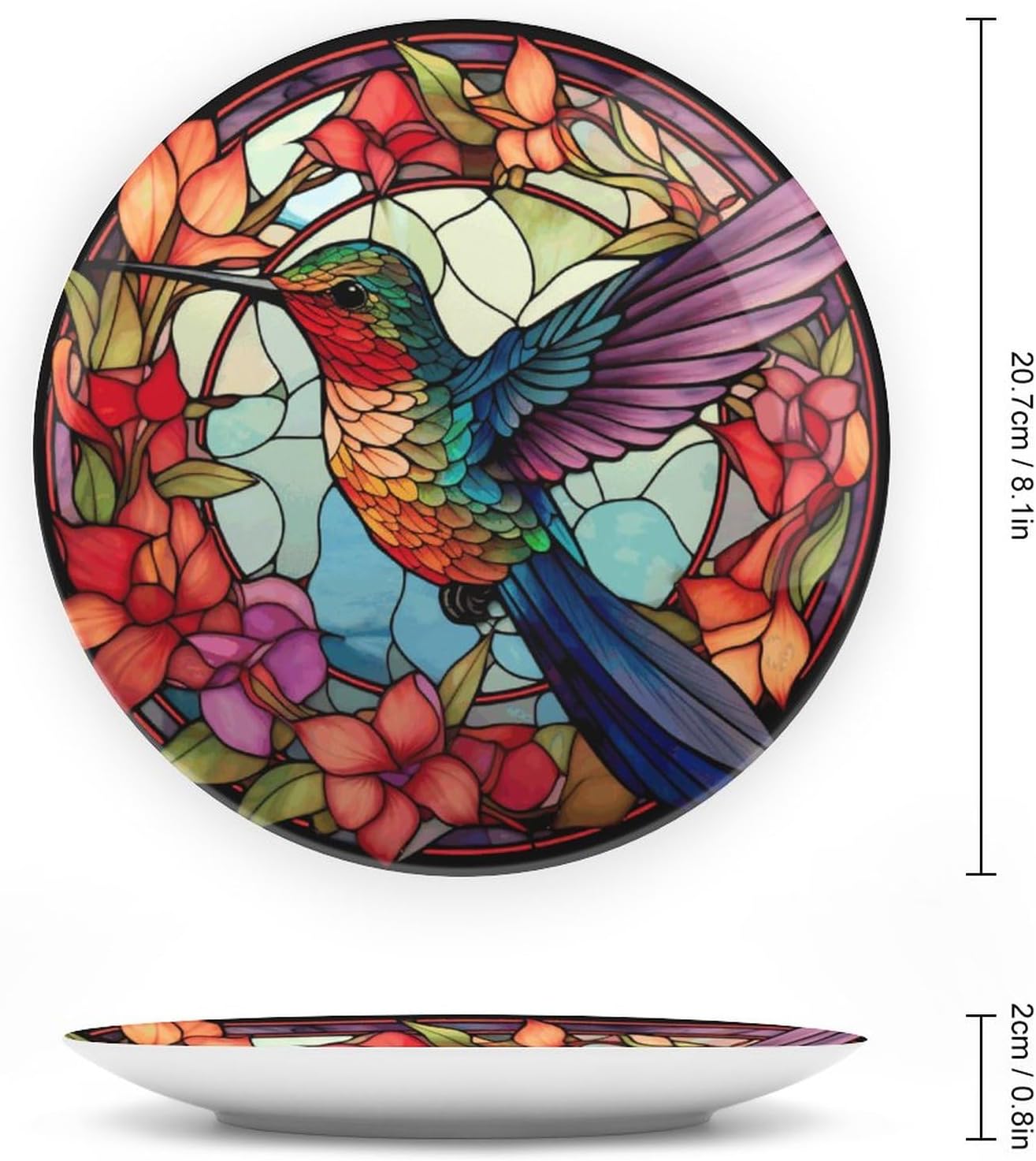 Decorative Plates for Home Decor, Cute Hummingbird Stained Glass Painting Decor Tray for Table Display, Ceramic Dinner Plate W/ Stand, Living Dining Room Decor, Gifts for Hummingbird Lovers, 8 Inch