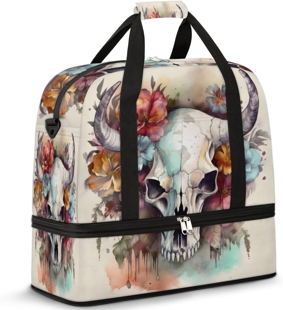 QsirBC Classic Skull Theme Gym Bag for Women Duffle Tote with Shoes Compartment Men Weekender Duffel for Dance Travel Sports Swimming Overnight