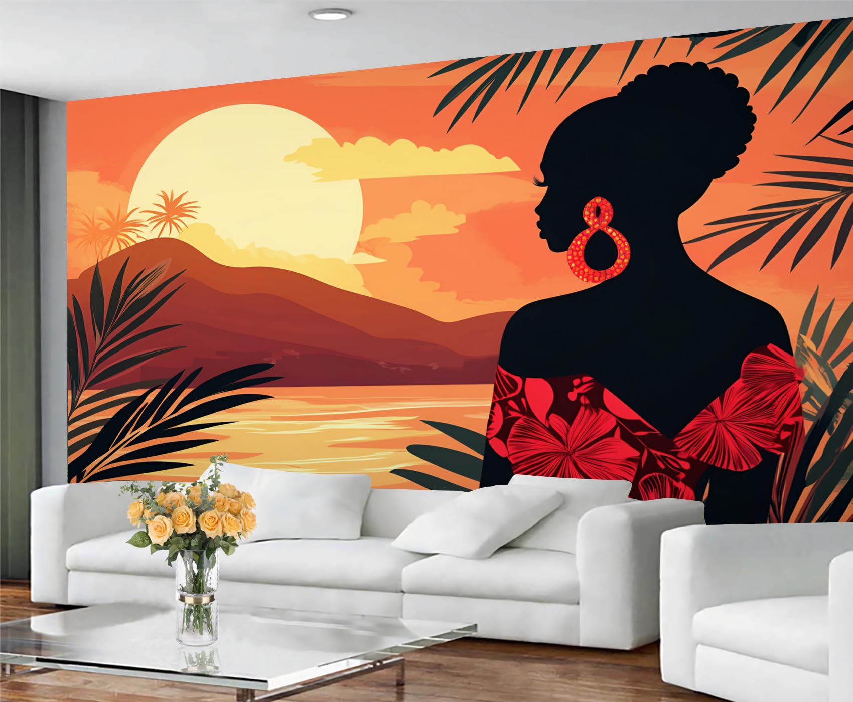 GIVLWF African Woman Wallpaper, Sunset Landscape Bedroom Wallpaper, Not Self Adhesive Wall Paper for Living Room, Abstract Cartoon Wall Mural - Large Home Decor 250x195 cm — image 1