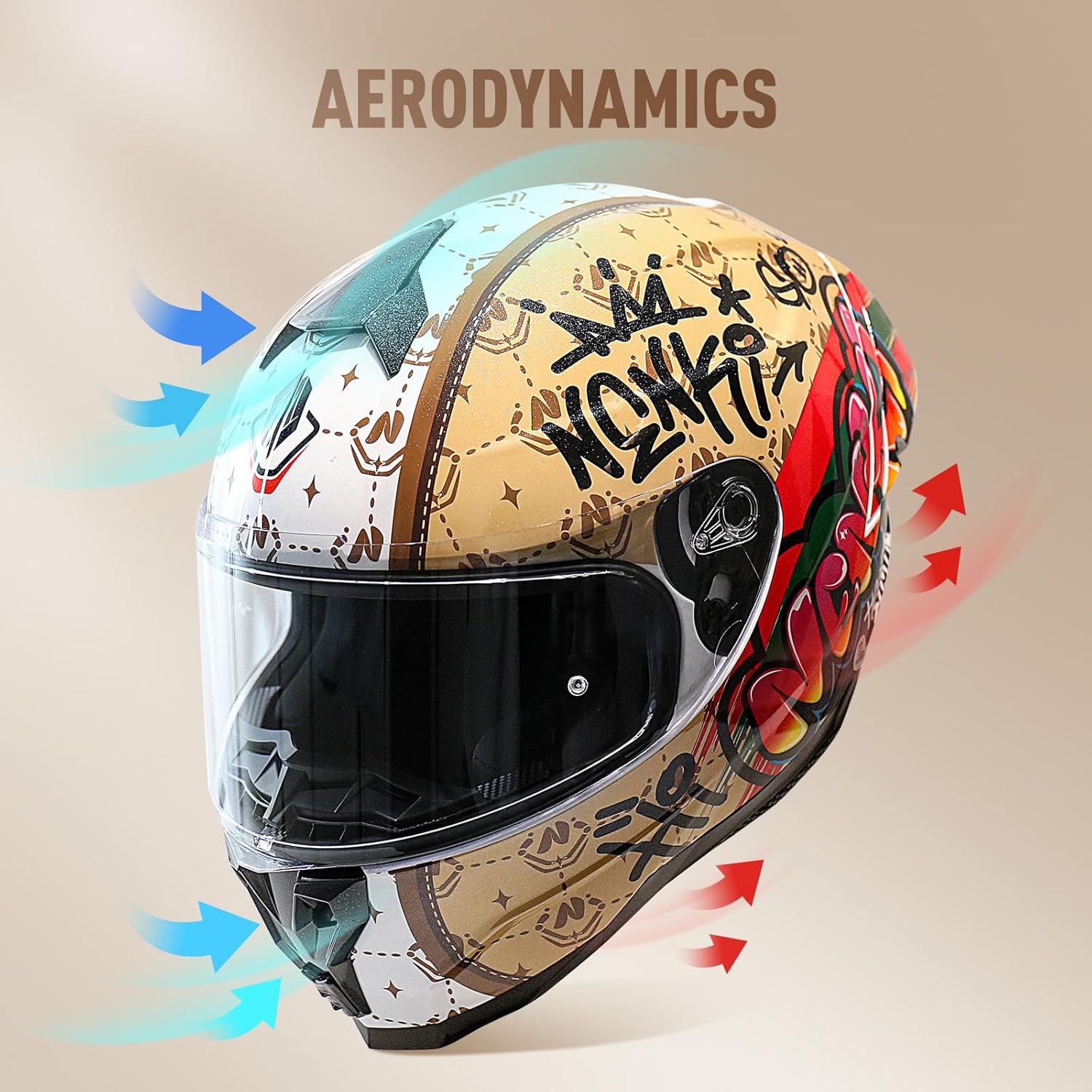 Motorcycle Helmet Full Face Motorbike Helmet with Tail Wing Design Noise Reduction with Anti-Fog Pin Visor for Adult DOT Approved (Graffiti Brown, Medium)