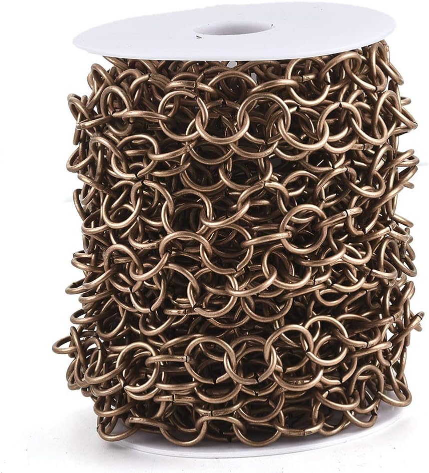 FASHEWELRY 39.3 Feet Iron Textured Rolo Chains 9x1.5mm Antique Bronze Unwelded Belcher Chain with Spool for DIY Necklace Bracelet Jewelry Making
