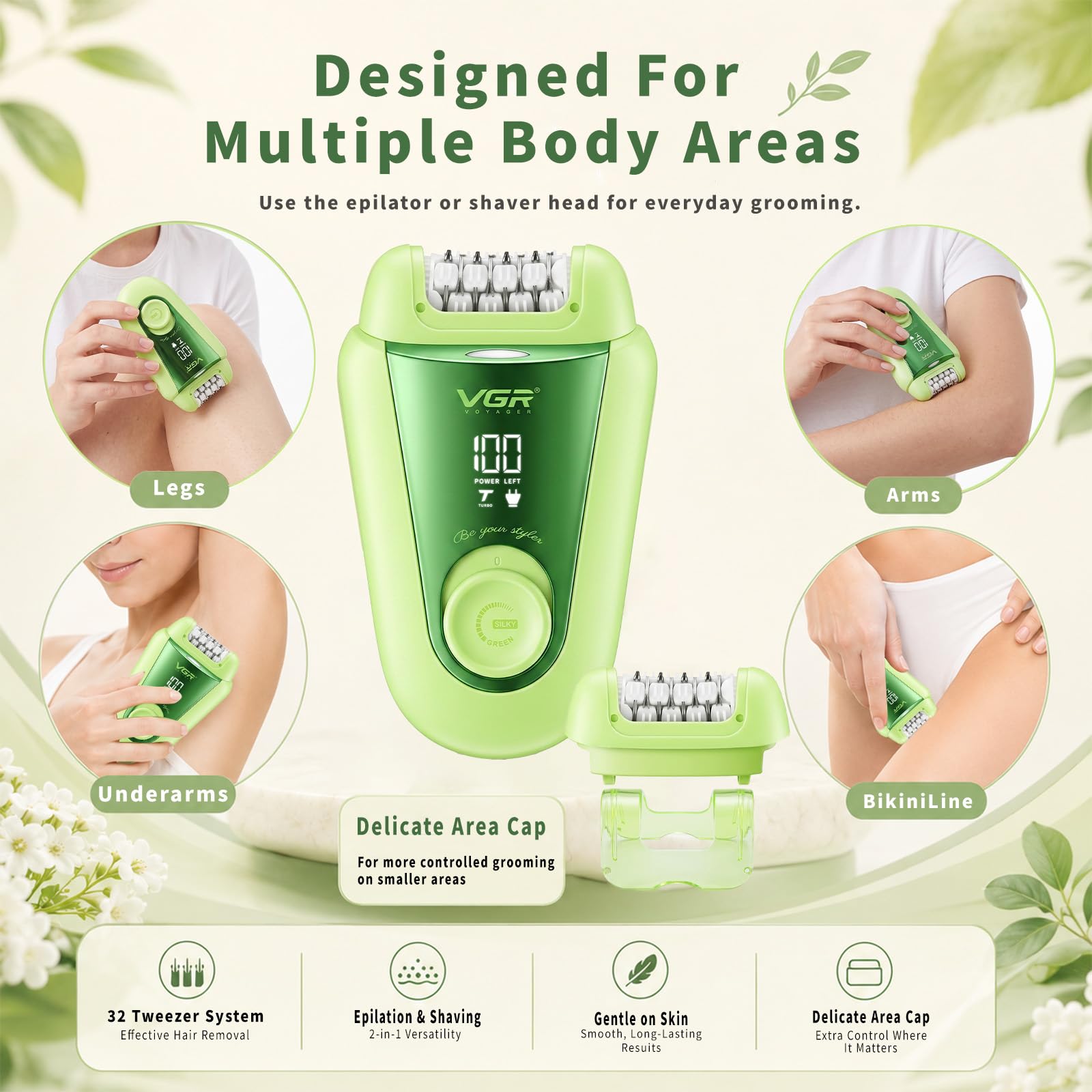 VGR 758 Epilatore elettrico 2 in 1 da donna, 32 pinzette, IPX7, Verde