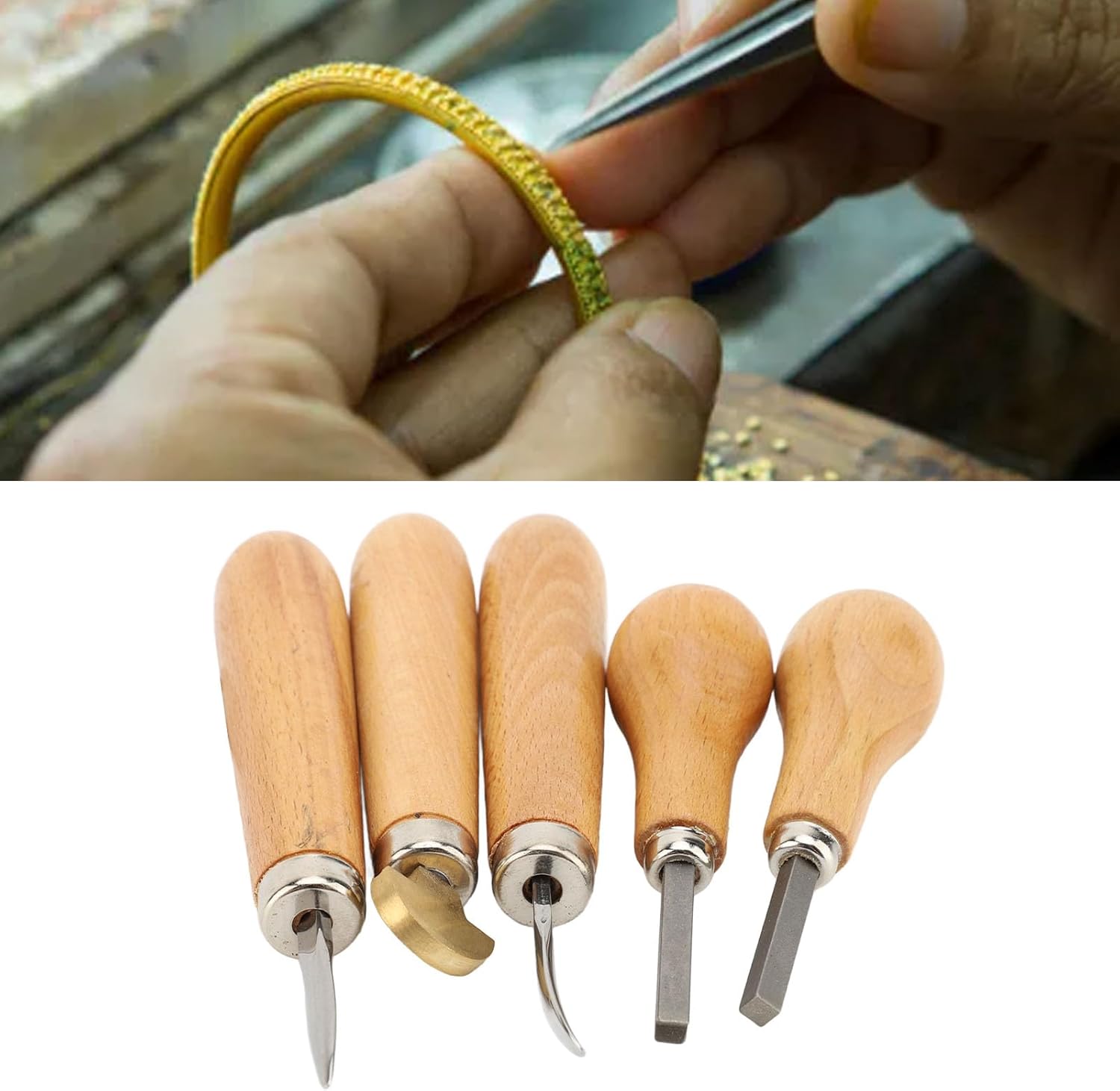 ZJchao Jewelry Stone Setting Tools, 5pcs Stone Setting Prong Bezel Jewelry Tool Set Wooden Handle Professional Jeweler Beginners Ergonomic Securely Hold Stone Setting Kit