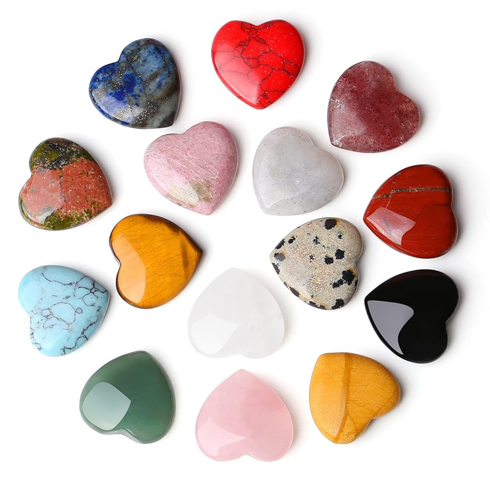 15PCS Natural Heart Healing Crystals Love Stones Rose Quartz Clear Quartz Tiger Eye Heart Set Bulk Polished Pocket Palm Thumb Gemstones Meditation Chakra Reiki Energy Balancing 0.8 inch