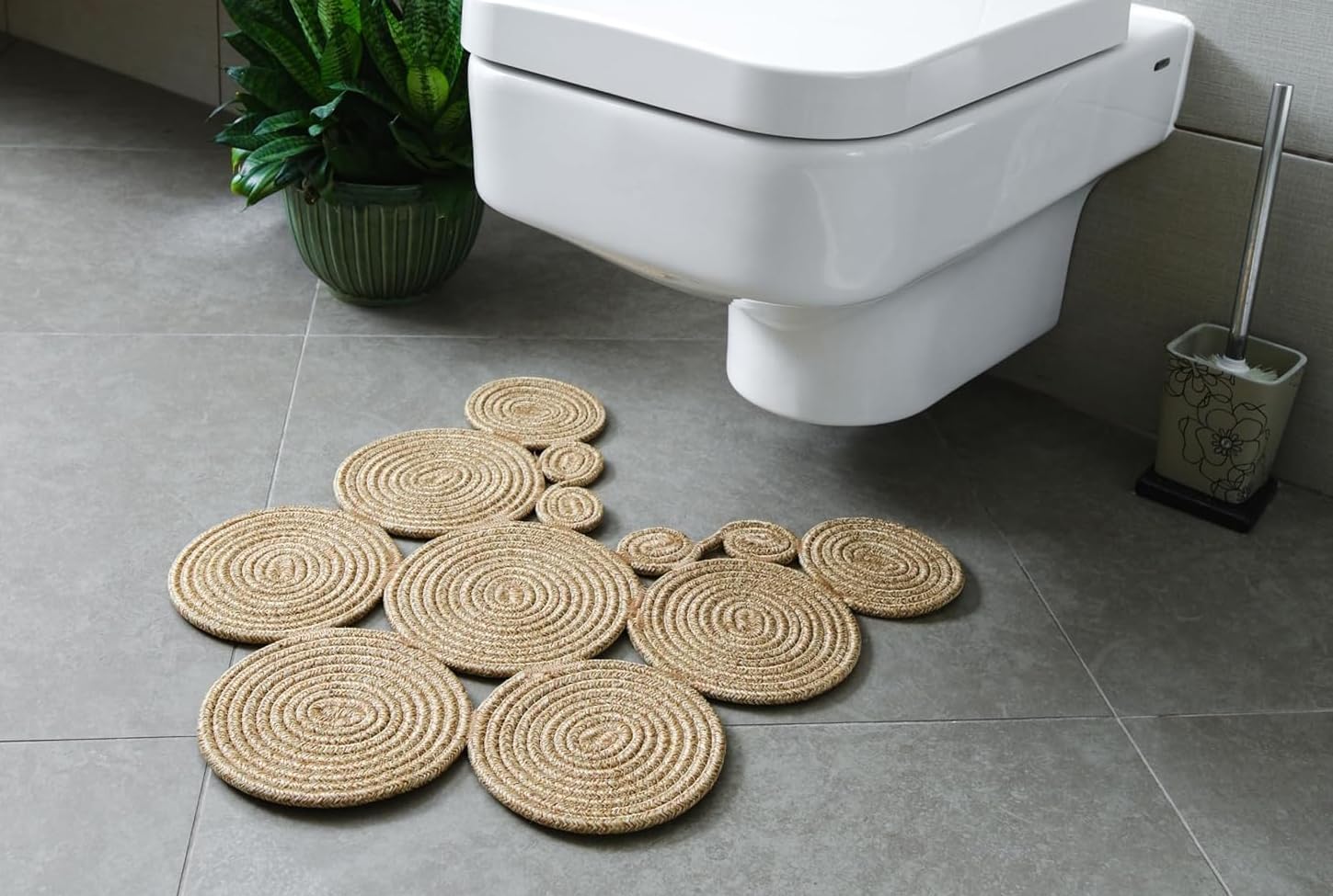 Boho Jute Bath Mat | Handmade Washable Toilet Rug | Double Sided Woven Boho Toilet Decor (Beige) 23.6 x 15.7 inches