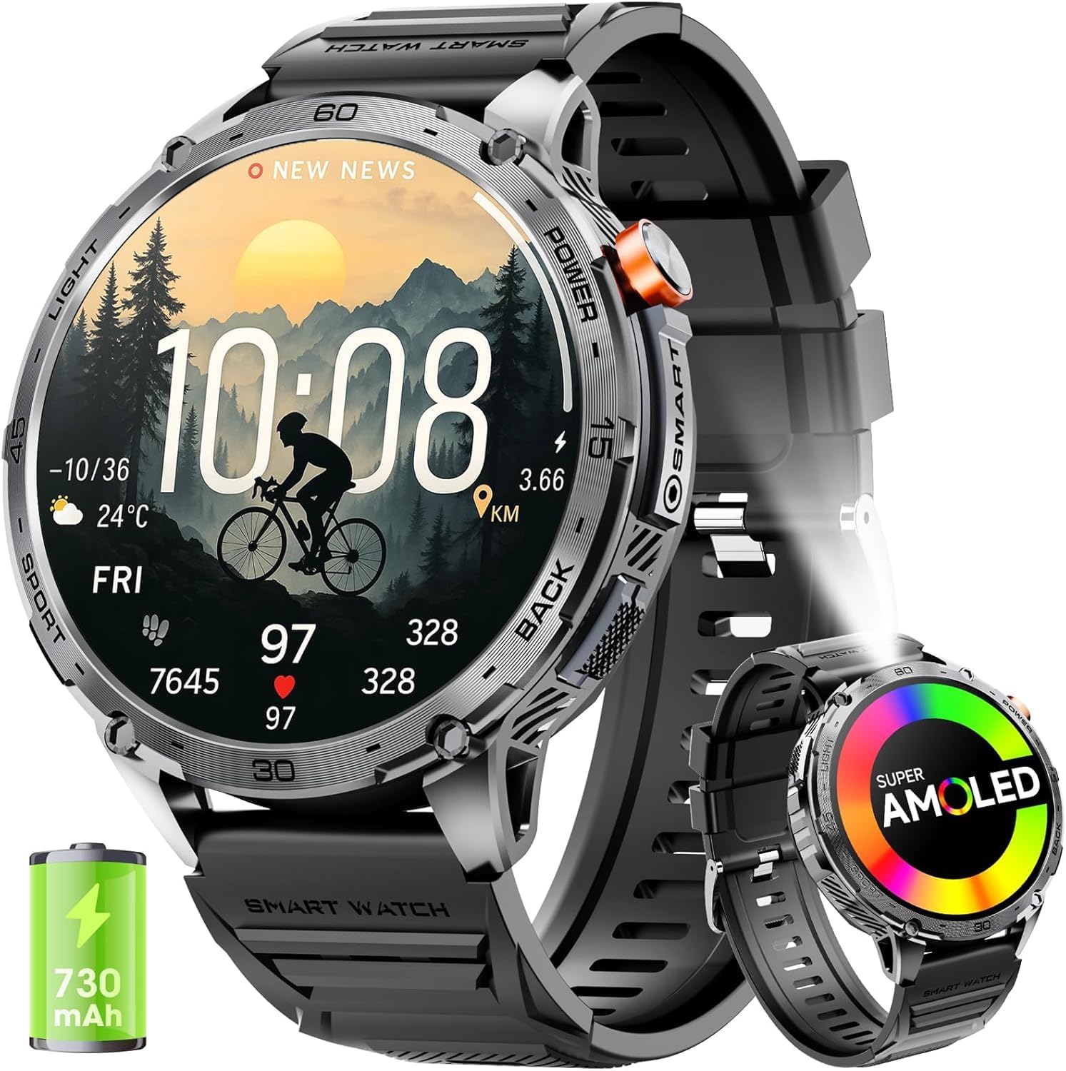mingwear Smartwatch Uomo 1.75" AMOLED 730mAh 110+ Sportive Orologio Smartwatch con Sonno/Cardiofrequenzimetro/Torcia LED Militare Smartwatch Compatibile iOS Android (Risposta alle Chiamate Bluetooth)