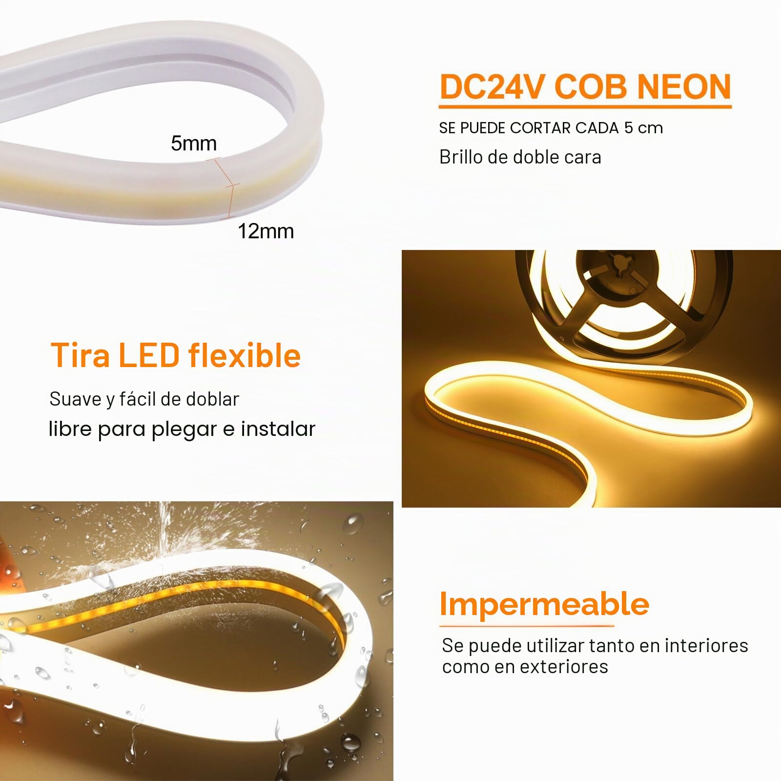 Tira de luces LED Solar 24V, 8 Modos de luces de neón para exteriores, IP65 Tira de Neón Solar Cuttable 5cm, 320LEDs/m Tira LED COB súper brillante para patio, patio(Blanco Cálido,7M)