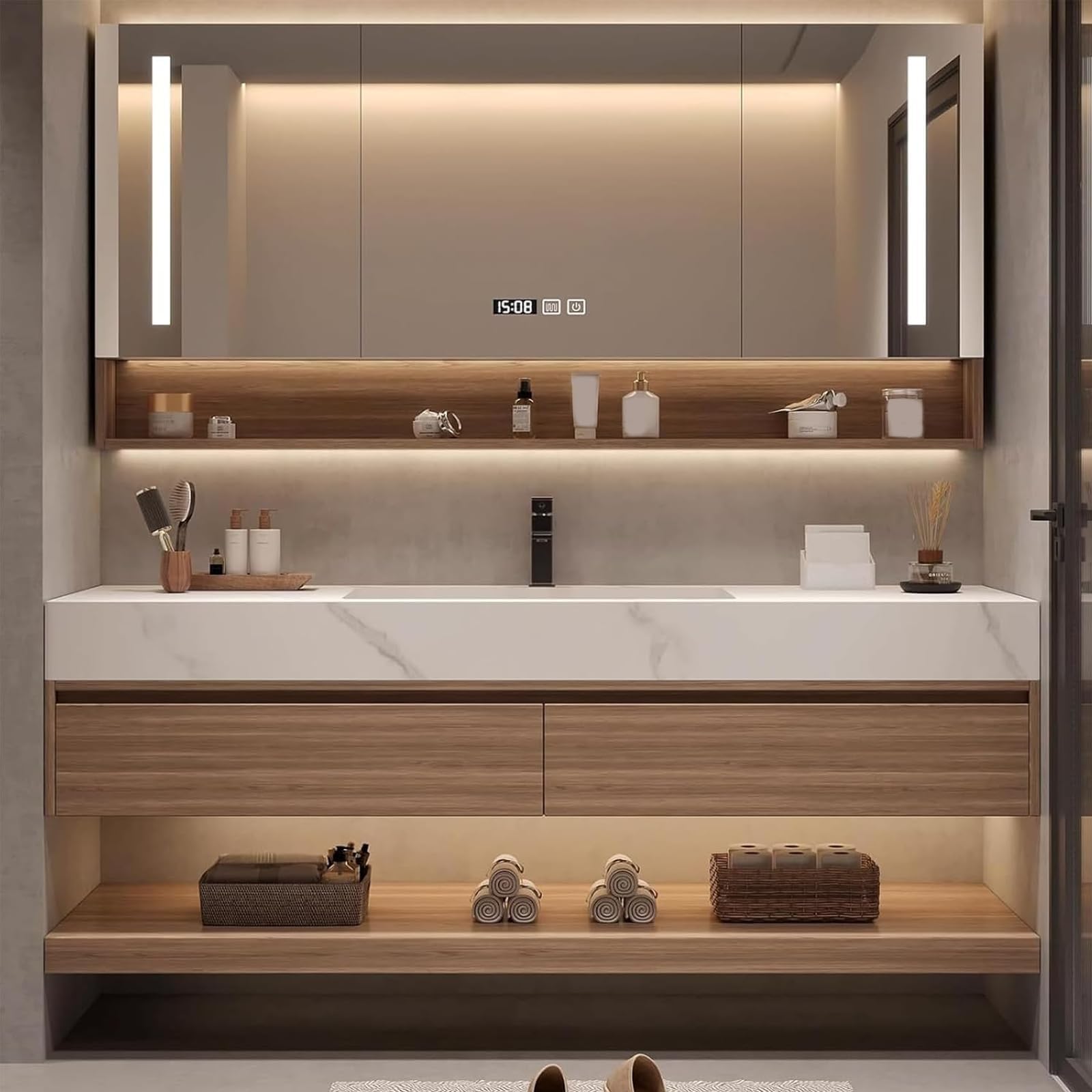 56IN Bathroom Vanity with Sink - Floating Solid Wood Bathroom Vanity Cabinet, Visual Multi-Zone Storage, Smart Defogging Mirror, Integrated Slab Basin, Custom Sizes, Wood Color