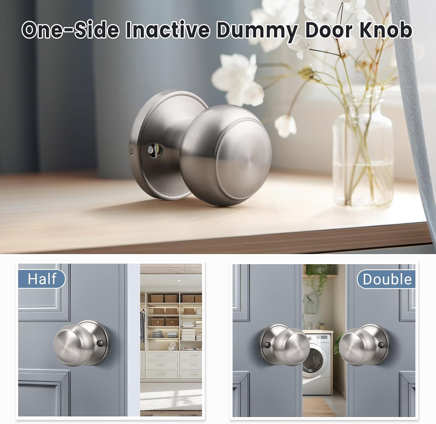 KNOBWELL Dummy Door Knob Interior- Satin Nickel, Keyless Closet Knob, Inactive French Door Knob，Single Side