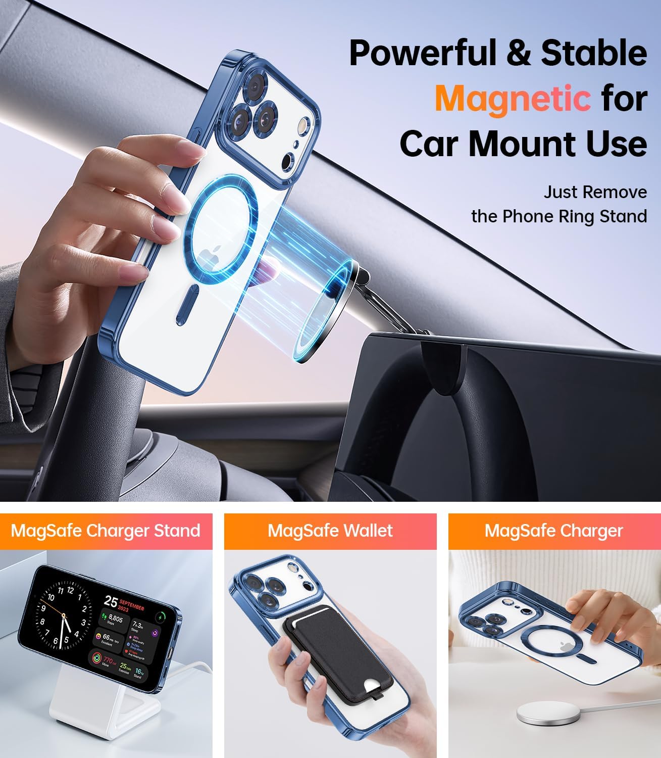 Meifigno Magnetic Case Designed for iPhone 17 Pro Max with Removable Phone Ring Stand, Glitter Card & Wrist Strap, Compatible with MagSafe, Built in Mirror, Phone Ring Holder + Case Kit, Blue