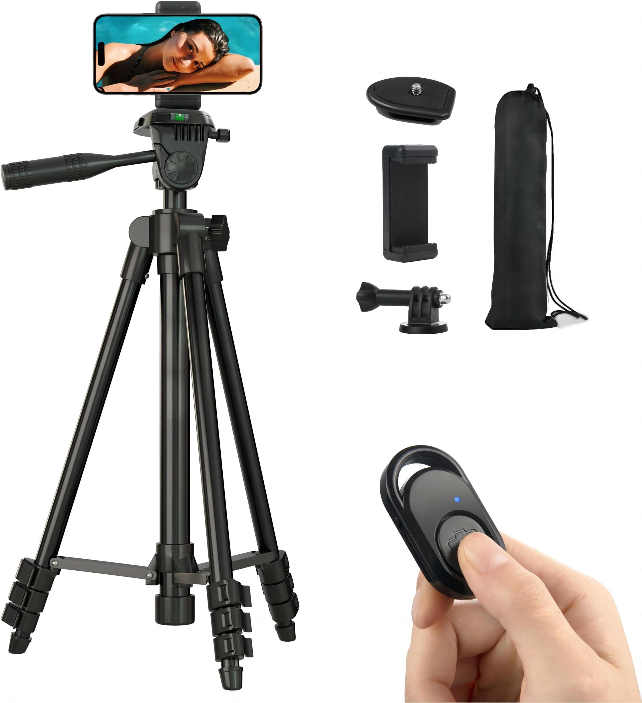 Polarduck Tripod for iPhone: 42-Inch 106cm Lightweight Phone Tripod Stand with Remote & Phone Holder & GoPro Adapter Compatible with Android Cell Phone Camera & Laser Level | Matte Black