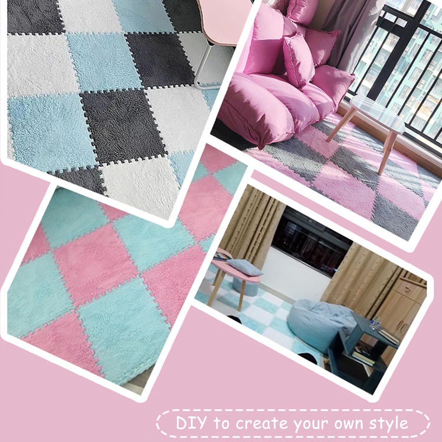 TIST Plush Interlocking Foam Mats for Floor 100PCS 12X12X0.4inch Square Floor Mat Rugs Soft Play Mat with Border(Green+White)