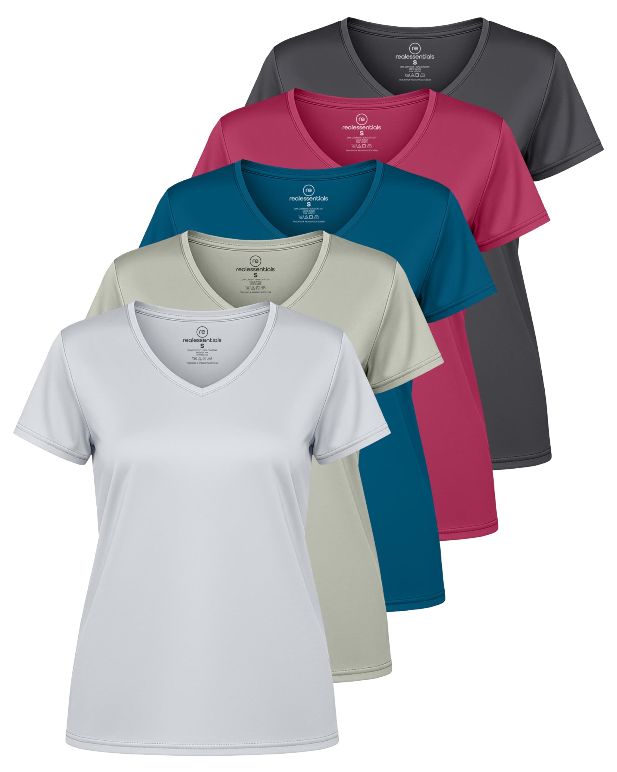 Real Essentials 5 Pack: Women's Dry Fit Short Sleeve V Neck Workout Top - Fitness Gym Athletic Yoga T-Shirt (Plus Available)