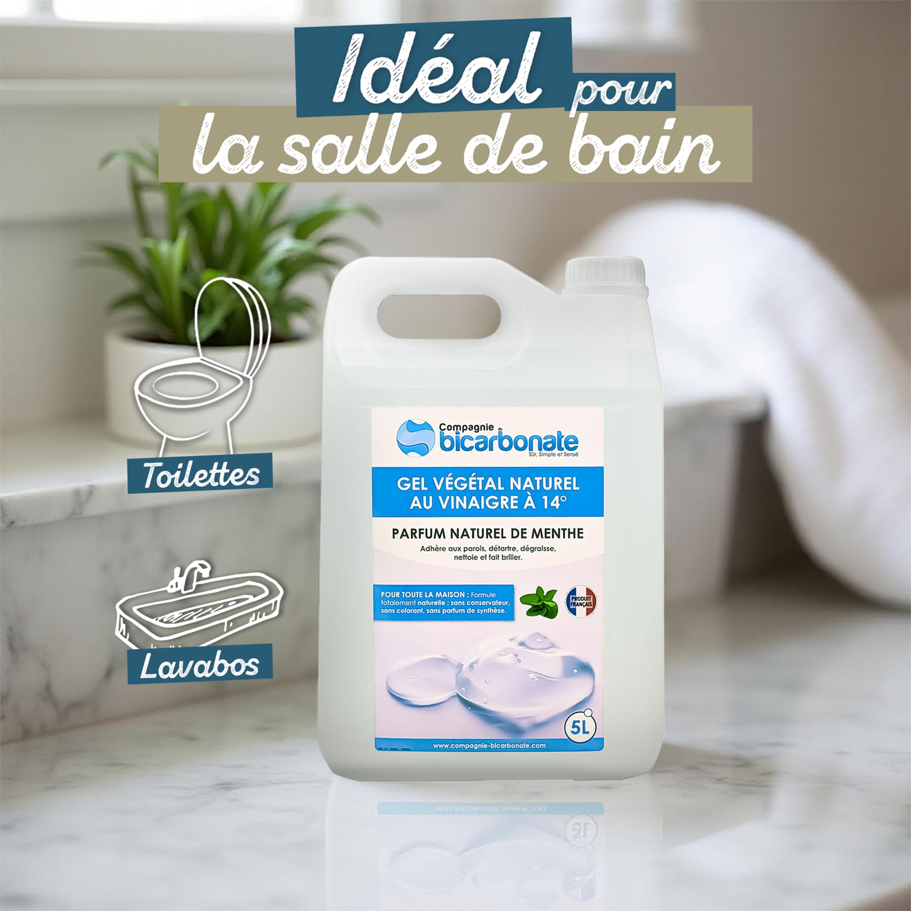 Gel Vinaigre Végétal à 14° - 5 L Parfum Naturel de Menthe - Nettoyant Pour Maison, Cuisine, Plan de Travail, Jardin - Compatible Fosses Septiques- La Compagnie du bicarbonate.