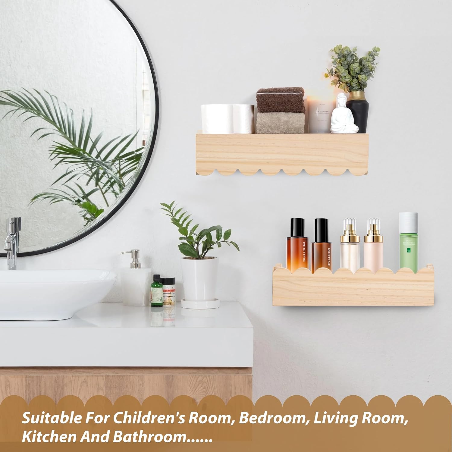 Wood Floating Shelves for Wall ,Nursery Bookshelf,Kids Book Shelf ,Baby Toys Storage Decor Organizer Wall Mounted for Living Room Bedroom,Wavy Edge,Preassembled,2 Pack,Scalloped Pine(Natural Wood)