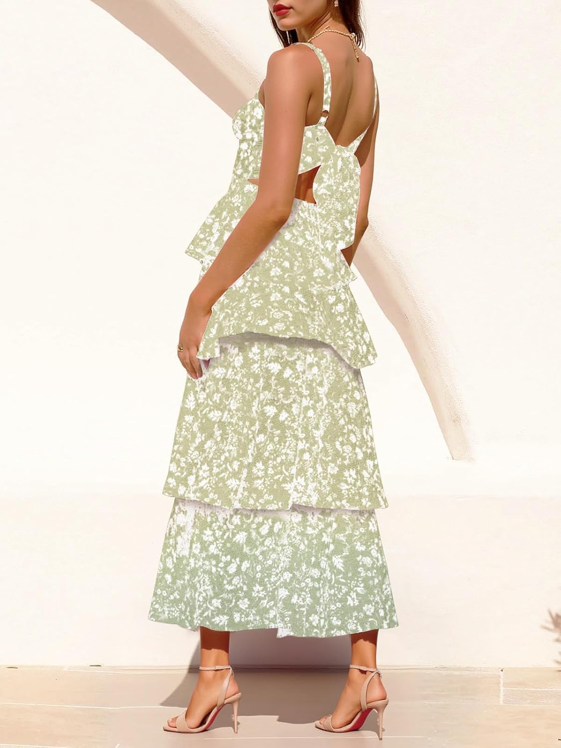 Fisoew Womens Floral Maxi Dresses Spaghetti Strap Casual Sleeveless Ruffle Flowy Tiered Dress - Image 3