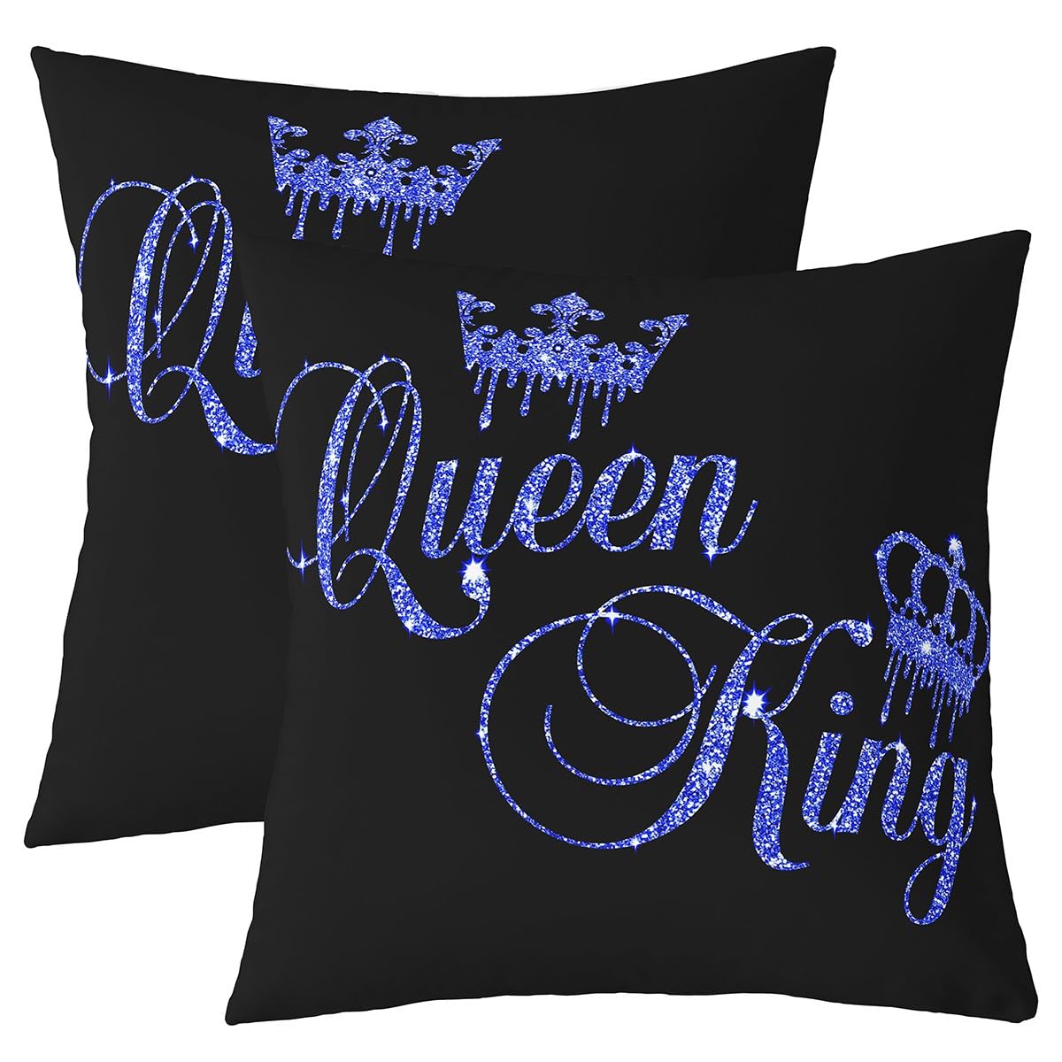 Homemissing Crown Queen and King Couple Throw Pillow Covers His and Hers Pillow Covers for Home Sofa Bed Couch for Teens Women Men Black Blue Cushion Covers (No Glitter) 60x60cm Set of 2