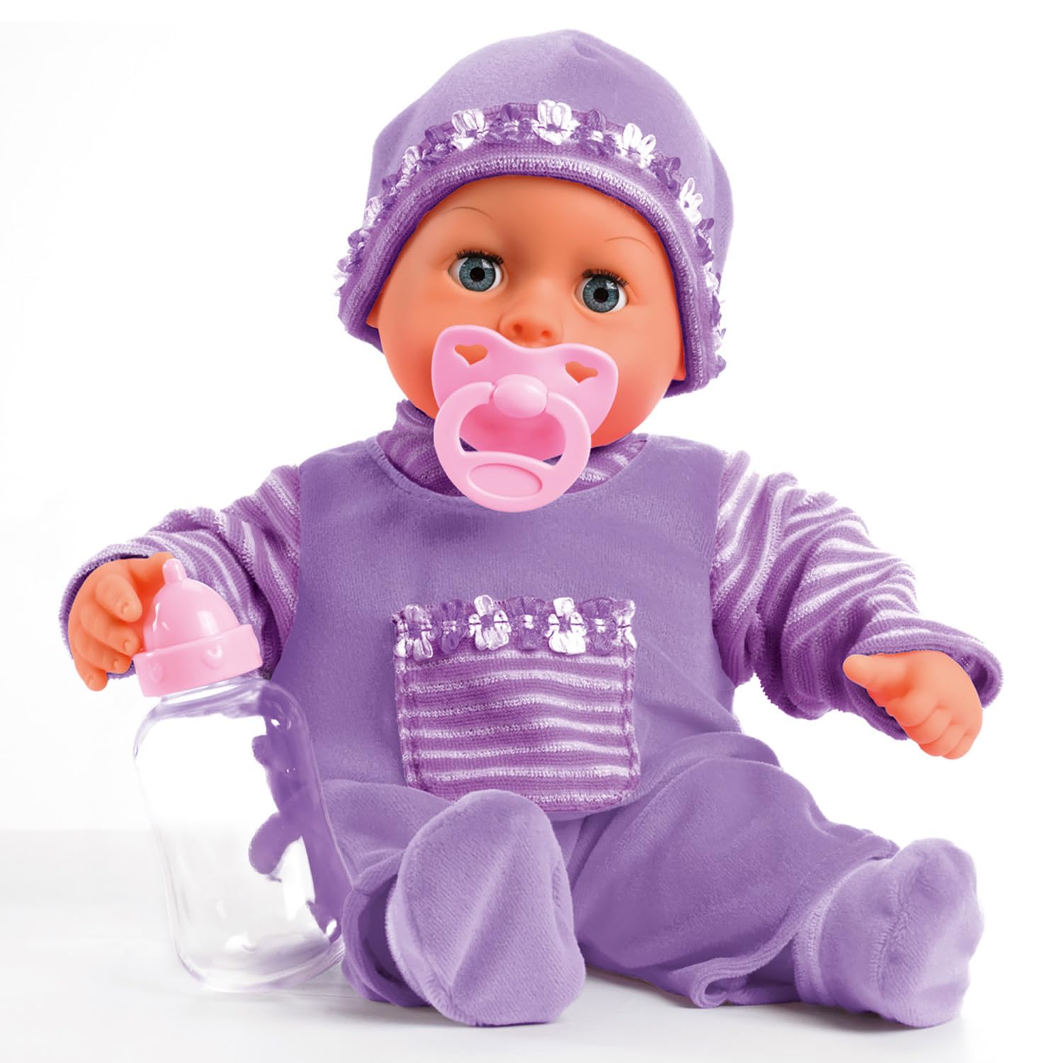 Bayer Design 93826AF Interactive baby doll, talking, soft body, sleeping eyes, cute outfit, dummy, bottle, 38 cm