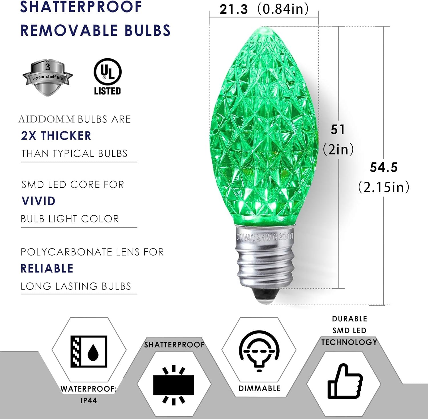 25 Pack C7 Multi Colored LED Replacement Christmas Light Faceted Bulbs, 0.72W, 2 SMD LEDs in Each Light Bulb, E12 Base, Commercial Grade Replacement Bulbs Dimmable Waterproof